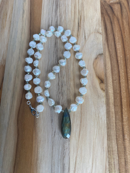 White Freshwater Pearl Beaded Necklace with Labradorite Pendant Bead and Crystals