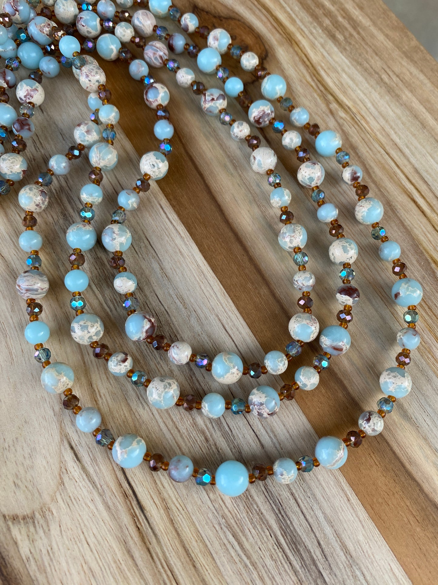 Extra Long Light Blue Shoushan Stone Beaded Wraparound Necklace with Crystal Beads
