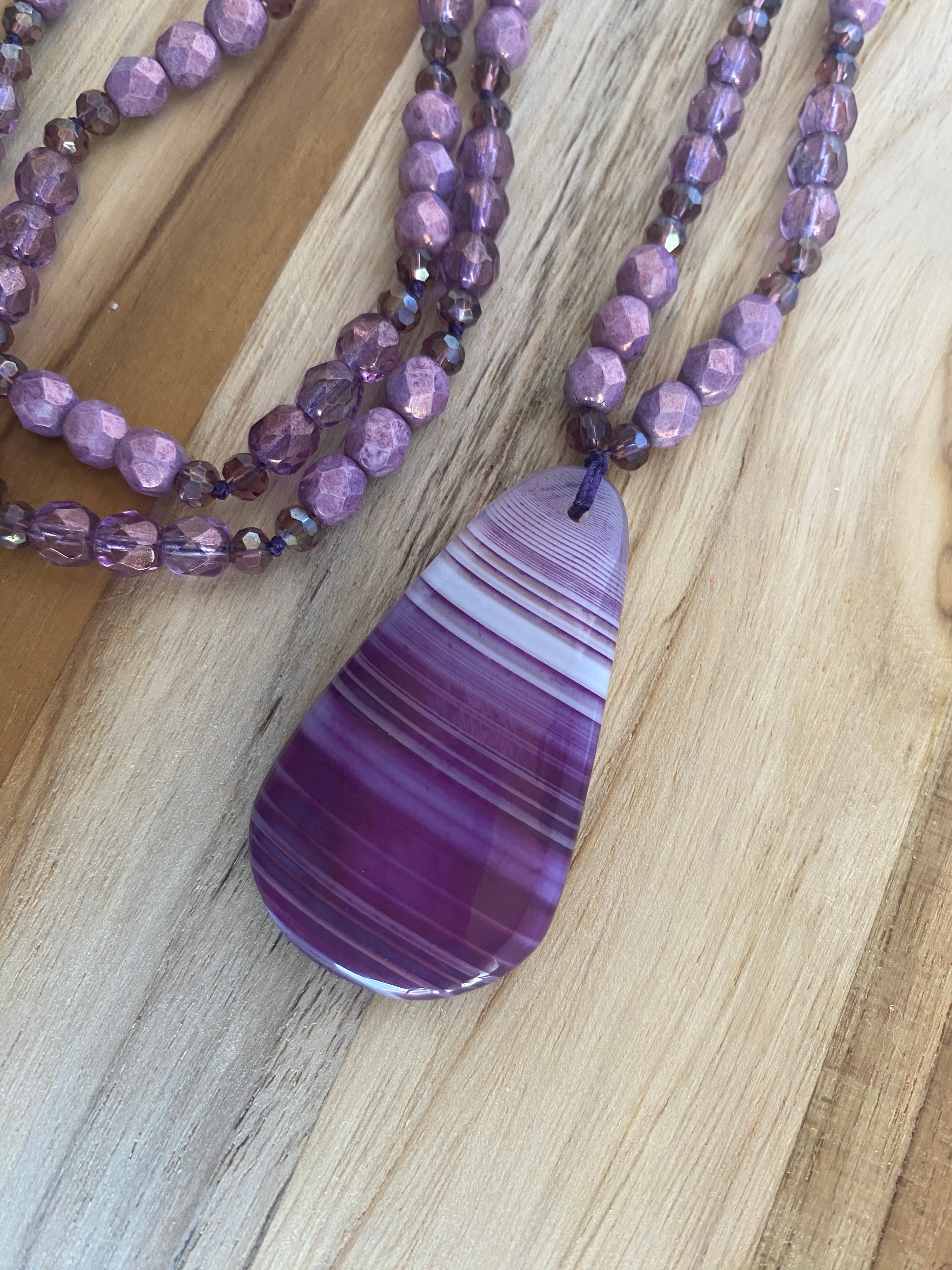 28" Long Purple Stripes Agate Beaded Necklace with Czech Glass & Crystal Beads - My Urban Gems