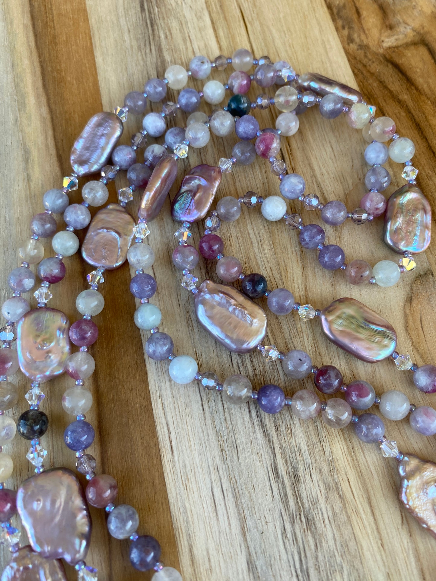 Extra Long Lavender Purple Beaded Biwa Pearl and Unicorn Stone Wraparound Style Necklace with Crystal Beads