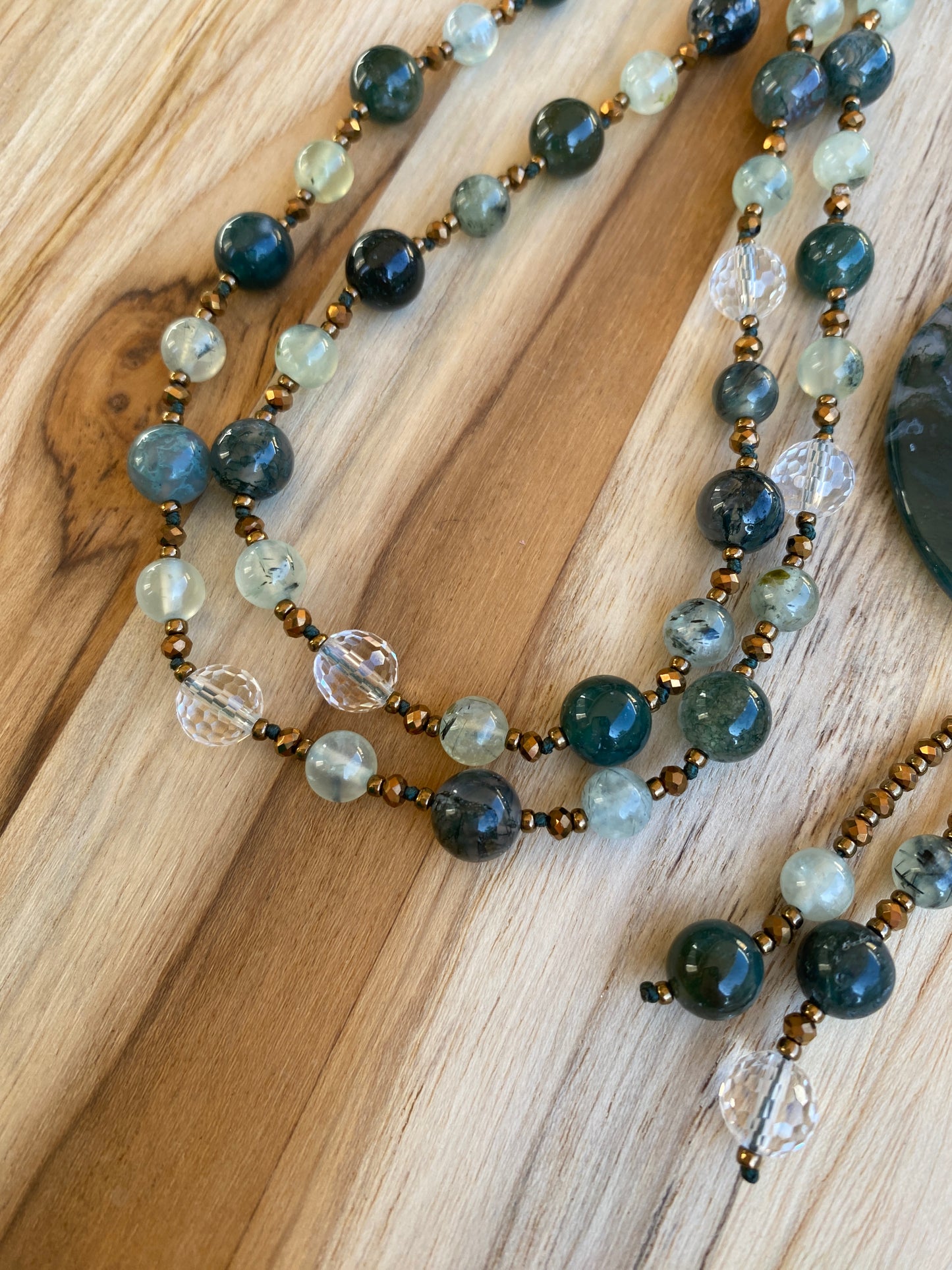 Green Moss Agate Donut Pendant Necklace with Moss Agate Prehnite and Clear Quartz Beads