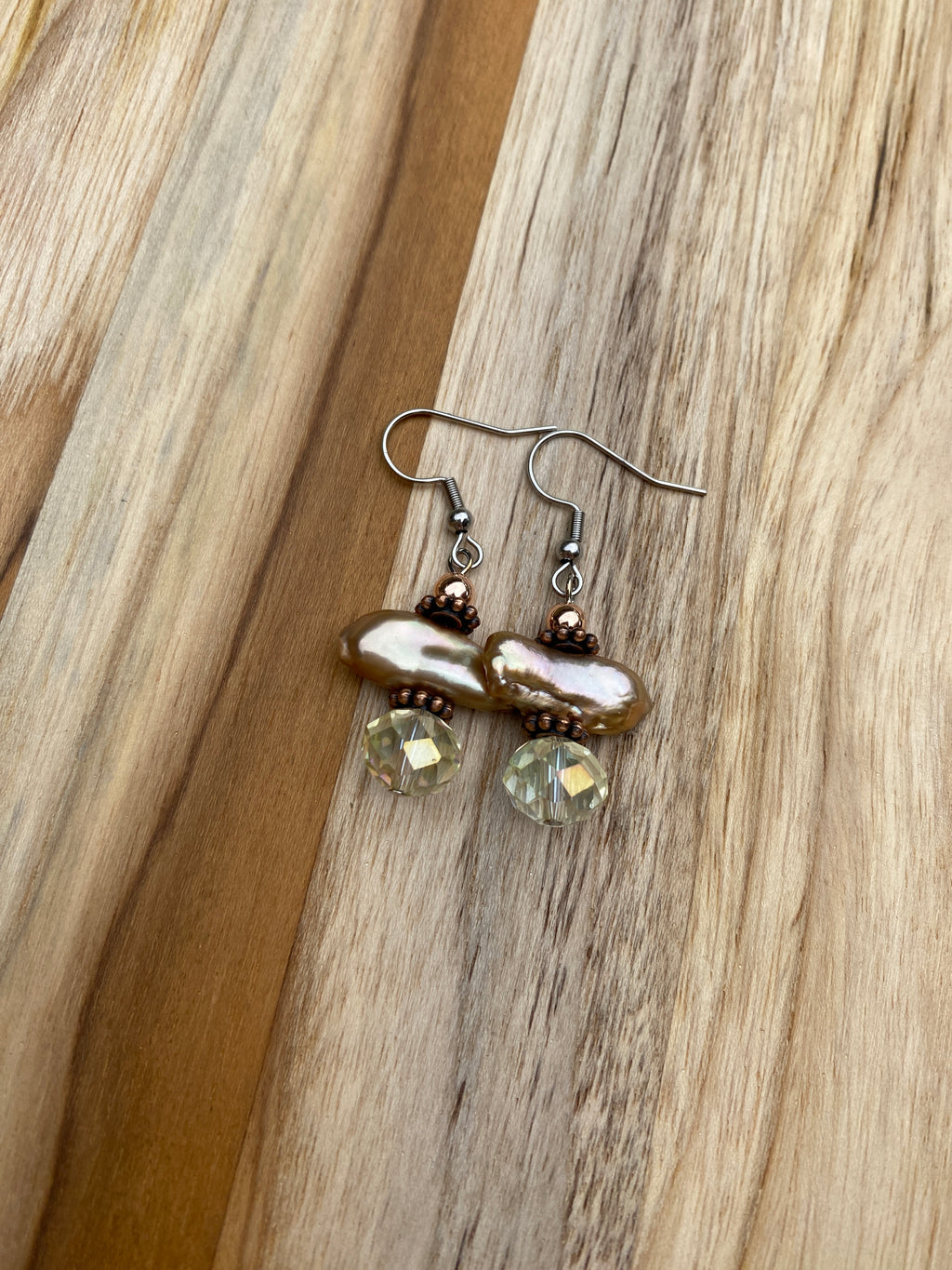 Champagne Color Biwa Pearl Dangle Earrings with Crystal - My Urban Gems
