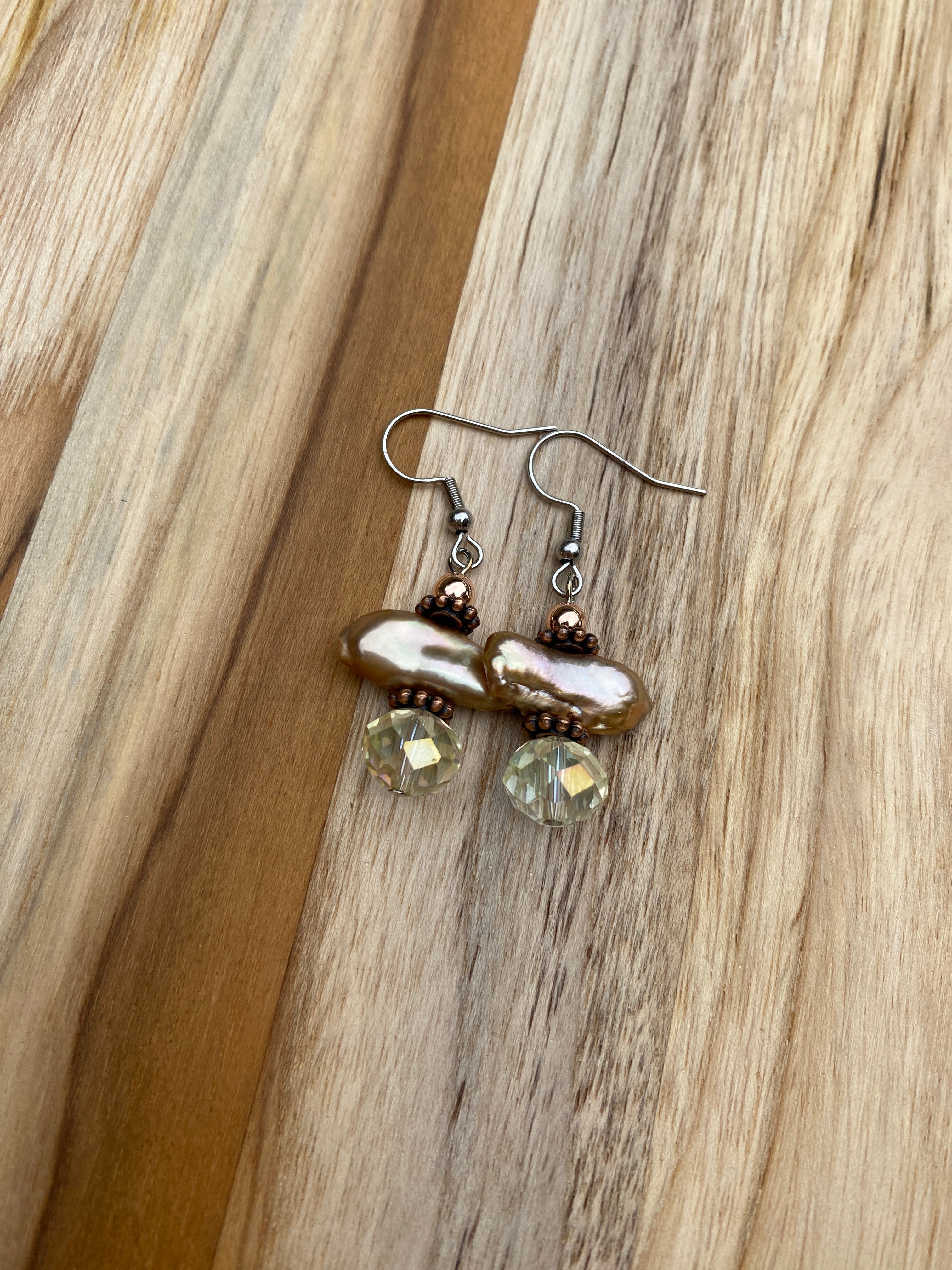 Champagne Color Biwa Pearl Dangle Earrings with Crystal - My Urban Gems