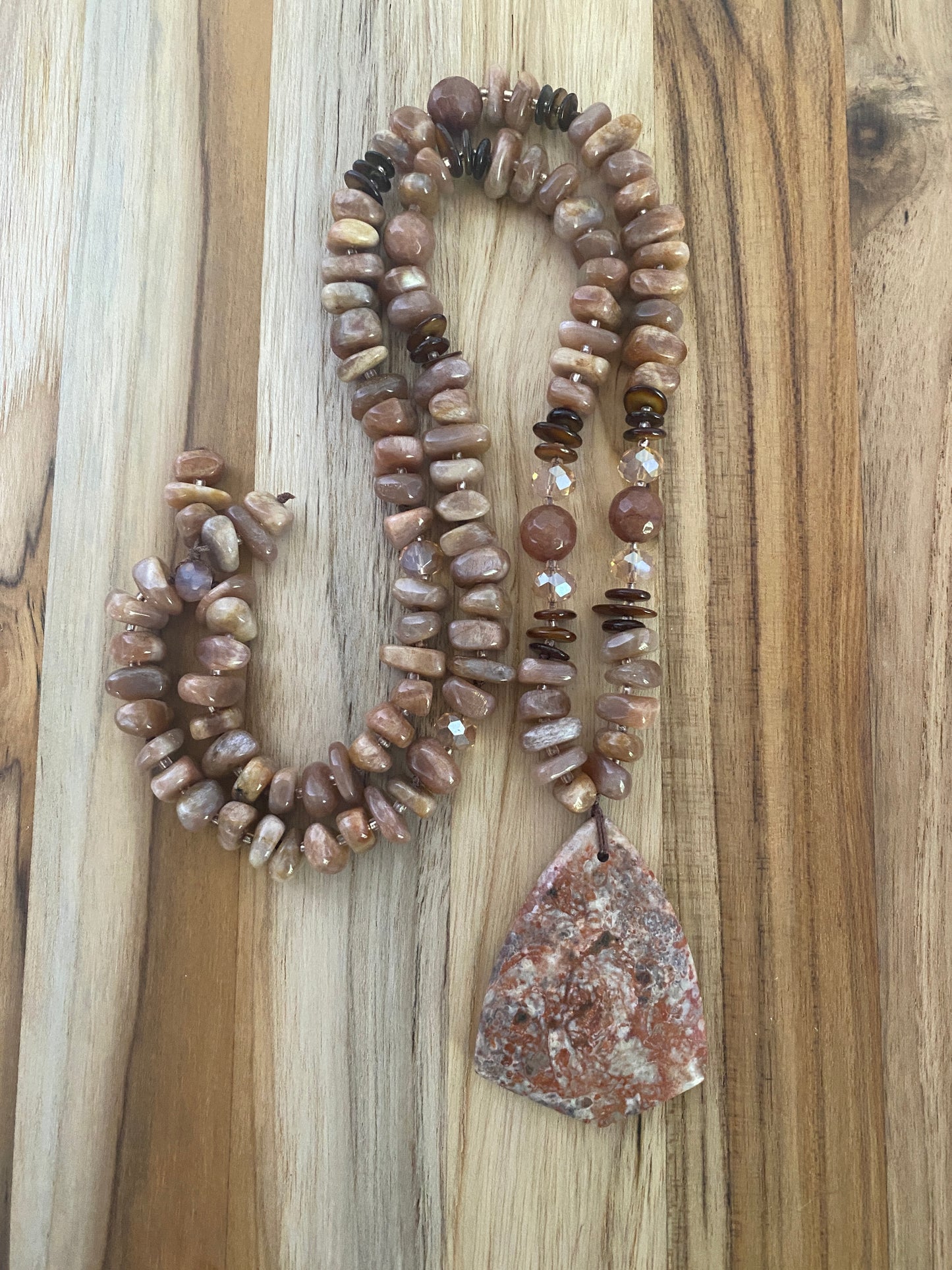 28" Long Ayaka Agate Beaded Pendant Necklace with Sunstone, Shell & Agate Beads - My Urban Gems