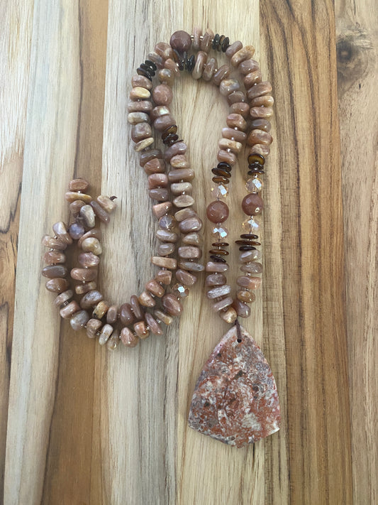 28" Long Ayaka Agate Beaded Pendant Necklace with Sunstone, Shell & Agate Beads