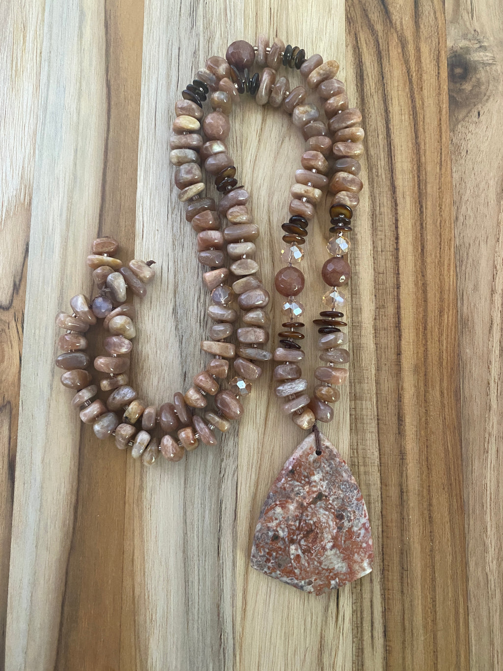 28" Long Ayaka Agate Beaded Pendant Necklace with Sunstone, Shell & Agate Beads - My Urban Gems
