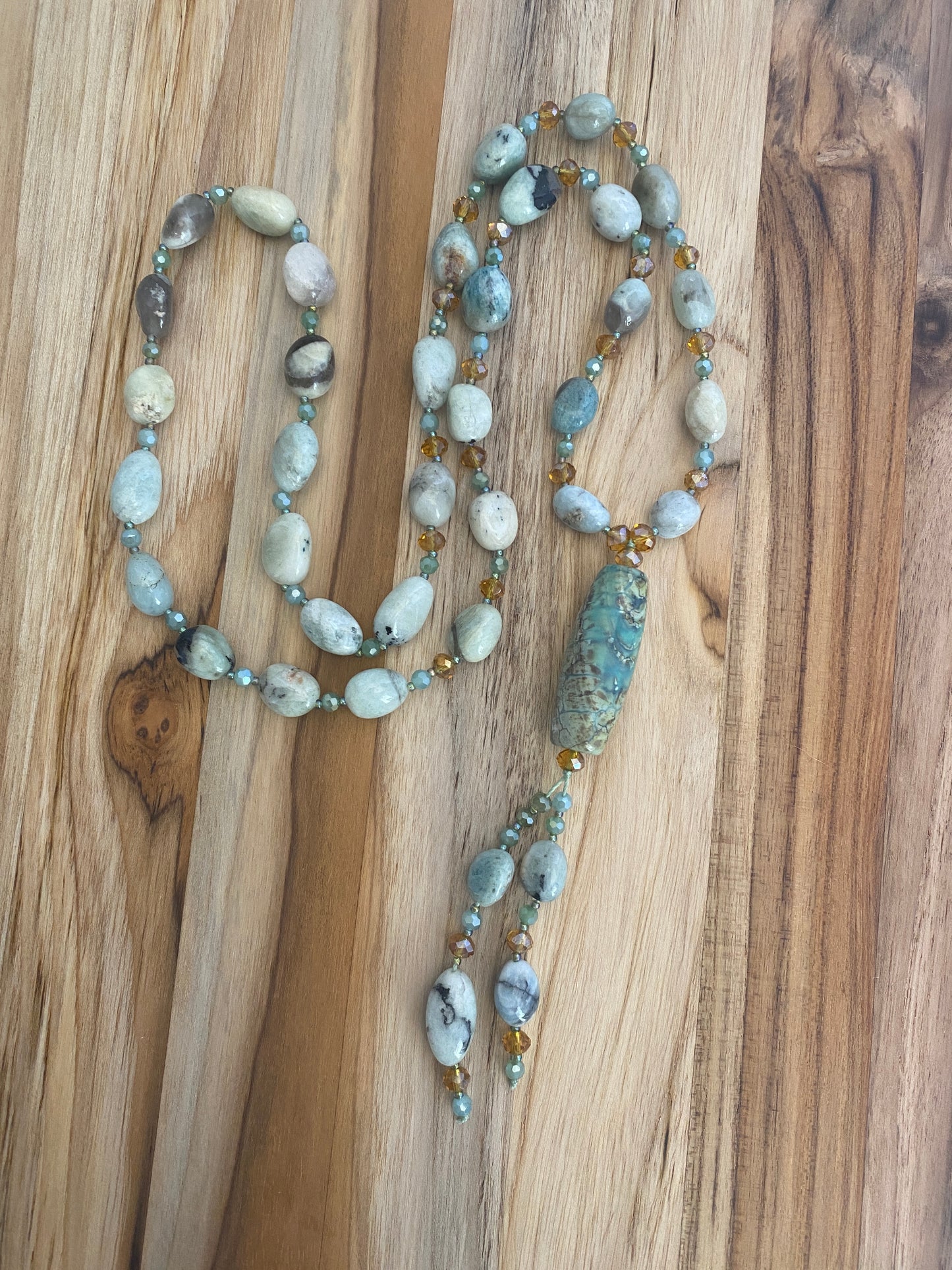 30" Long Amazonite Beaded Necklace with Agate Focal