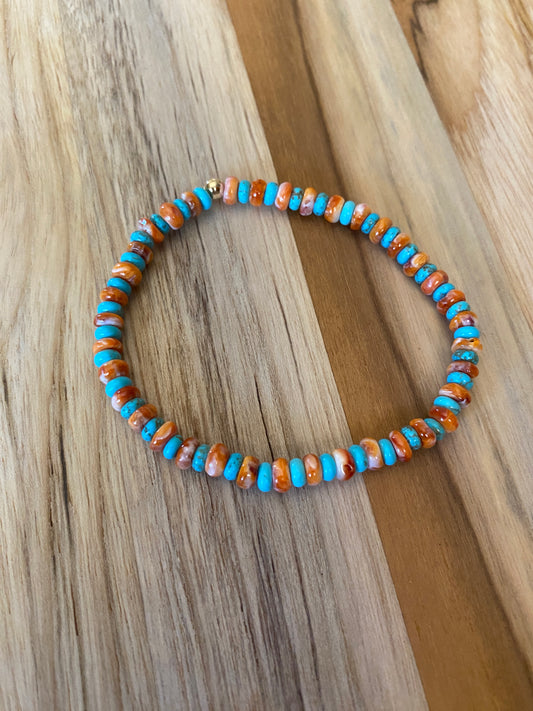 Dainty Blue Nevada Turquoise and Orange Spiny Oyster stretch Bracelet