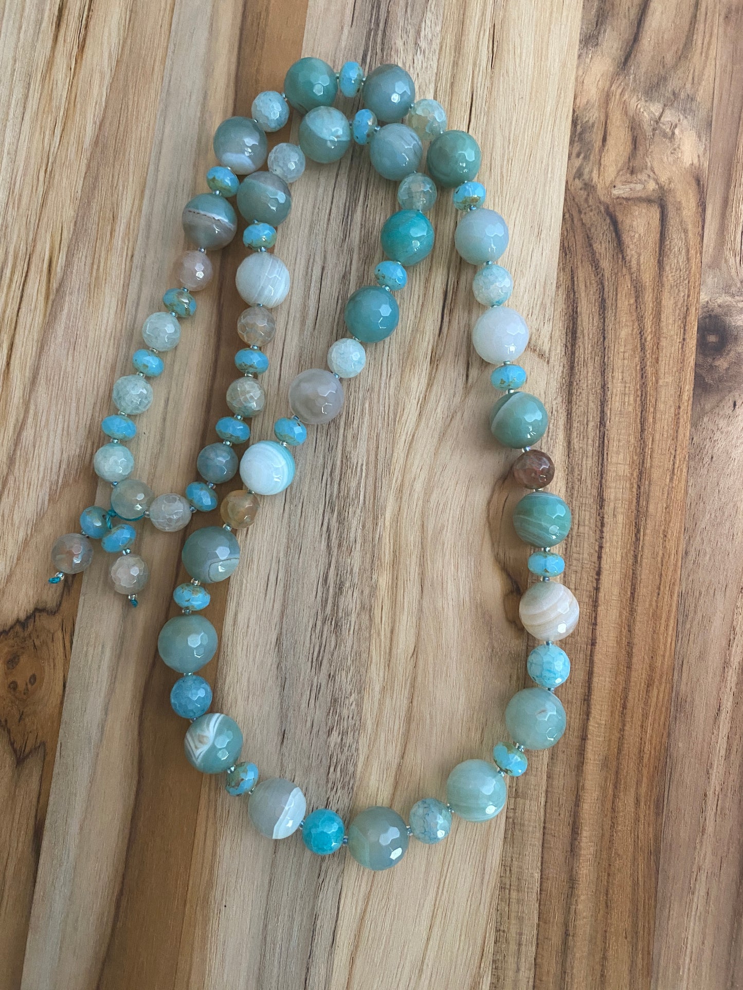 29" Long Aqua Blue Agate Beaded Necklace with Glass Beads - My Urban Gems