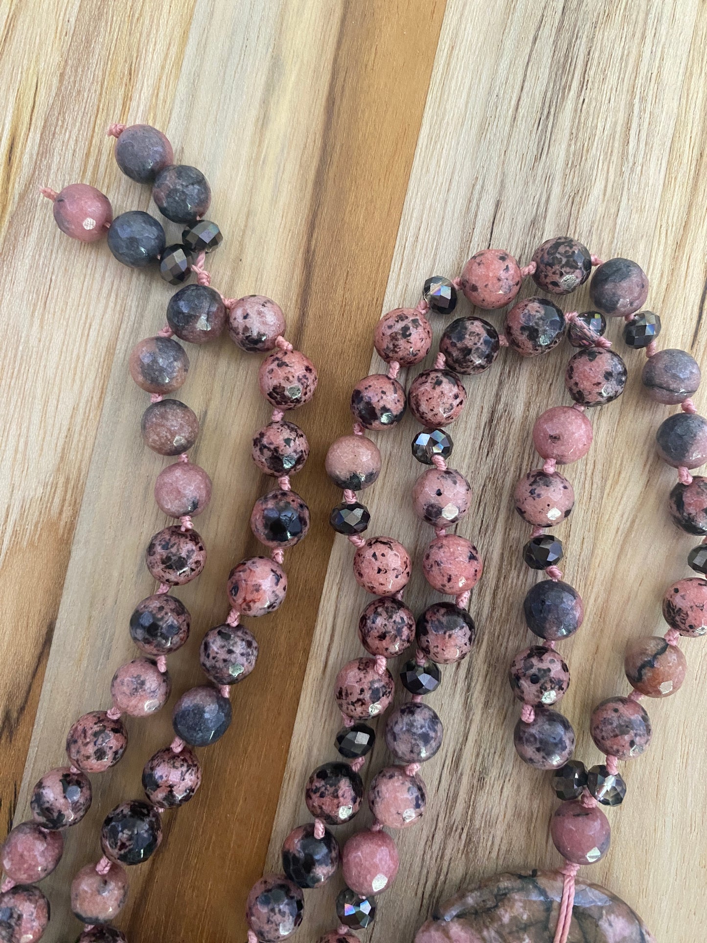 28" Long Pink and Black Rhodonite Donut Necklace with Faceted Rhodonite and Crystal Beads - My Urban Gems