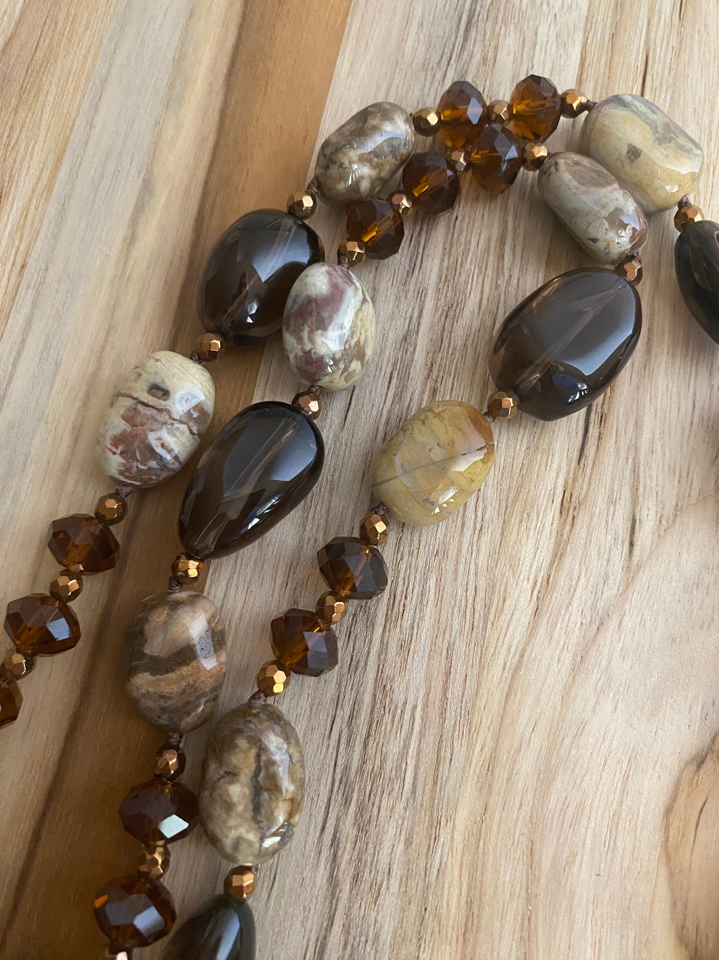 30" Long Shades of Brown Picture Jasper, Smoky Quartz & Crystal Necklace