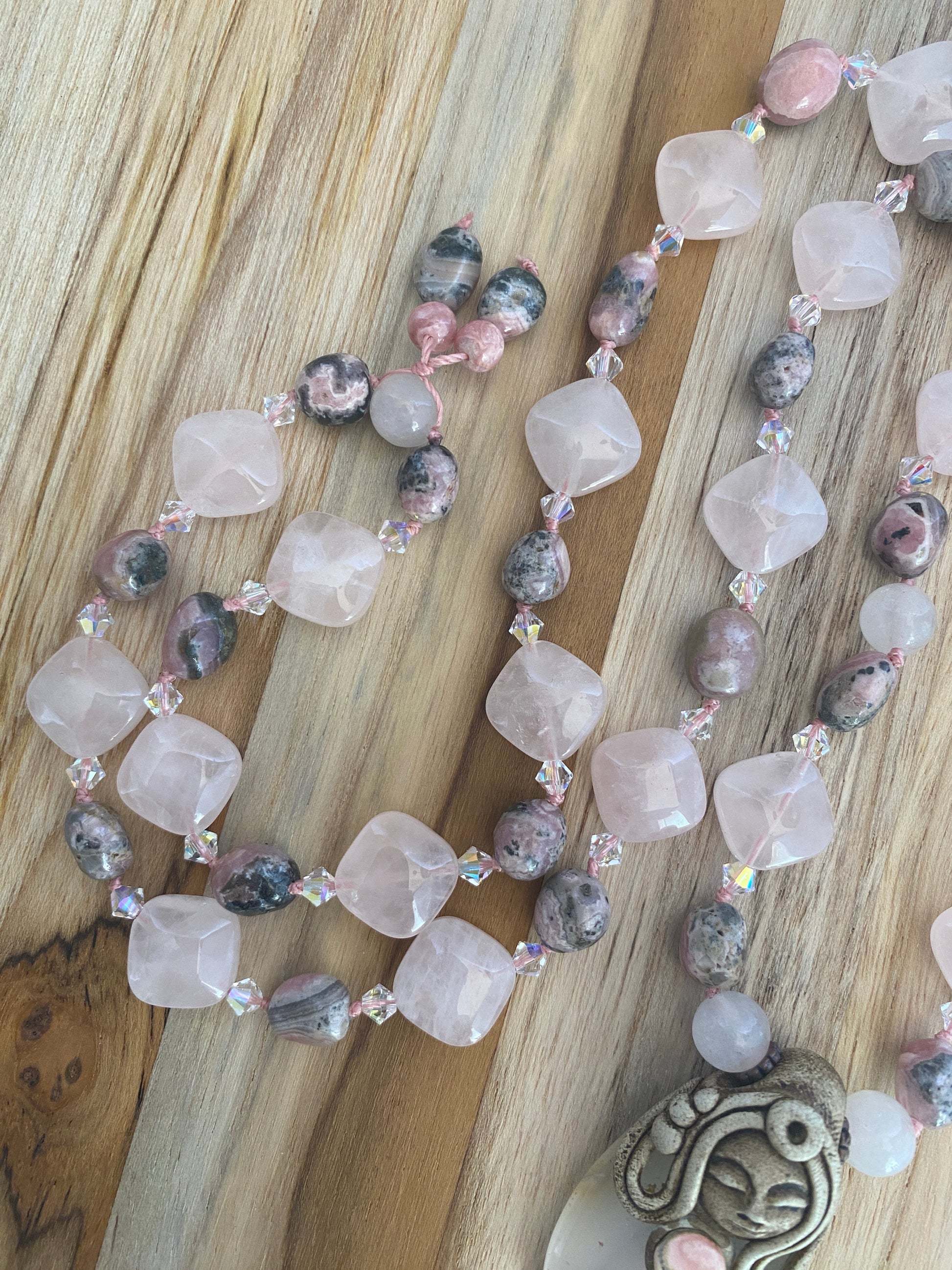 28" Long Polymer Clay and Onyx Goddess Pendant Necklace with Rose Quartz, Rhodonite & Swarovski Crystal Beads - My Urban Gems