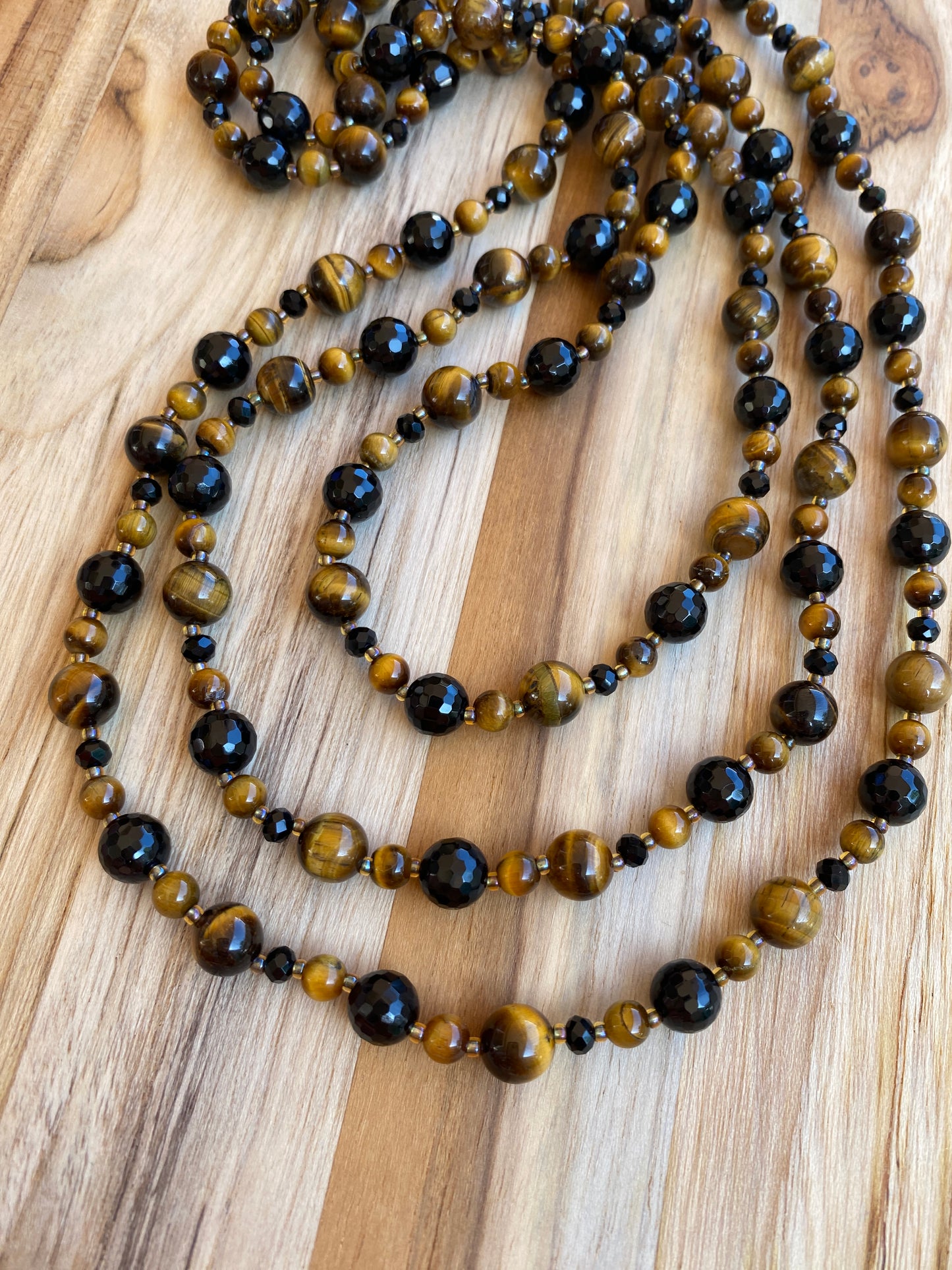 60" Extra Long Wraparound Black Onyx and Tigereye Beaded Necklace with Crystal Beads - My Urban Gems