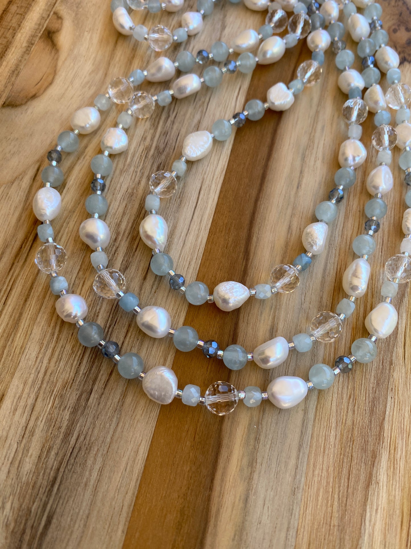 60" Extra Long Wraparound Style Necklace with Clear Quartz Aquamarine and White Baroque Pearls - My Urban Gems