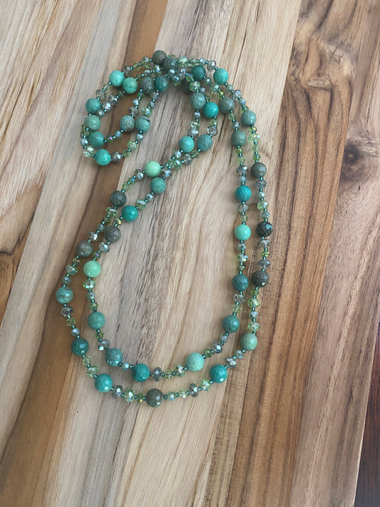 45" Long Green Chrysoprase & Crystal Beaded Necklace