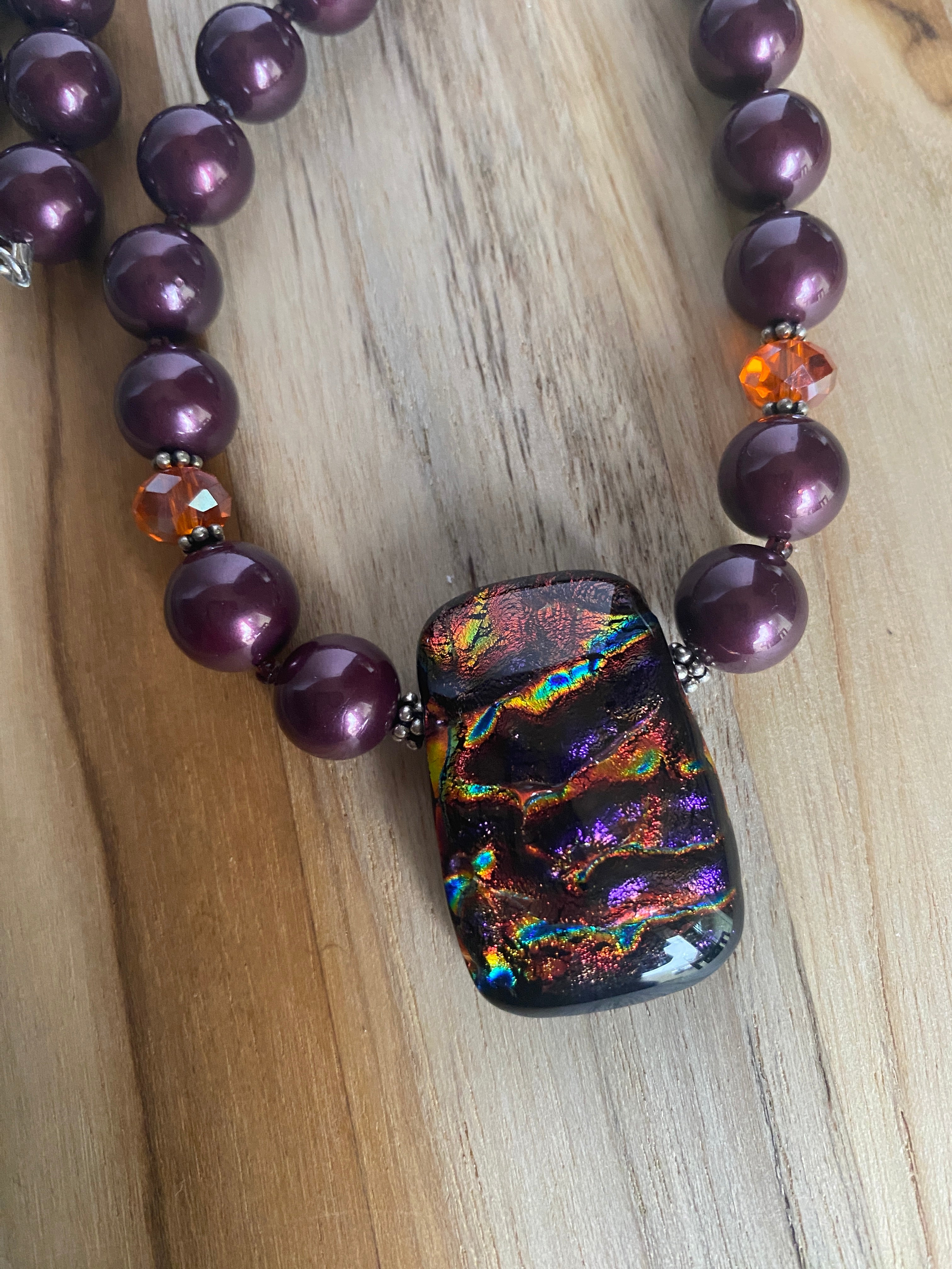 20" Long Dichroic Glass Pendant Necklace with Plum Purple Faux Shell Pearls & Crystal Beads - My Urban Gems