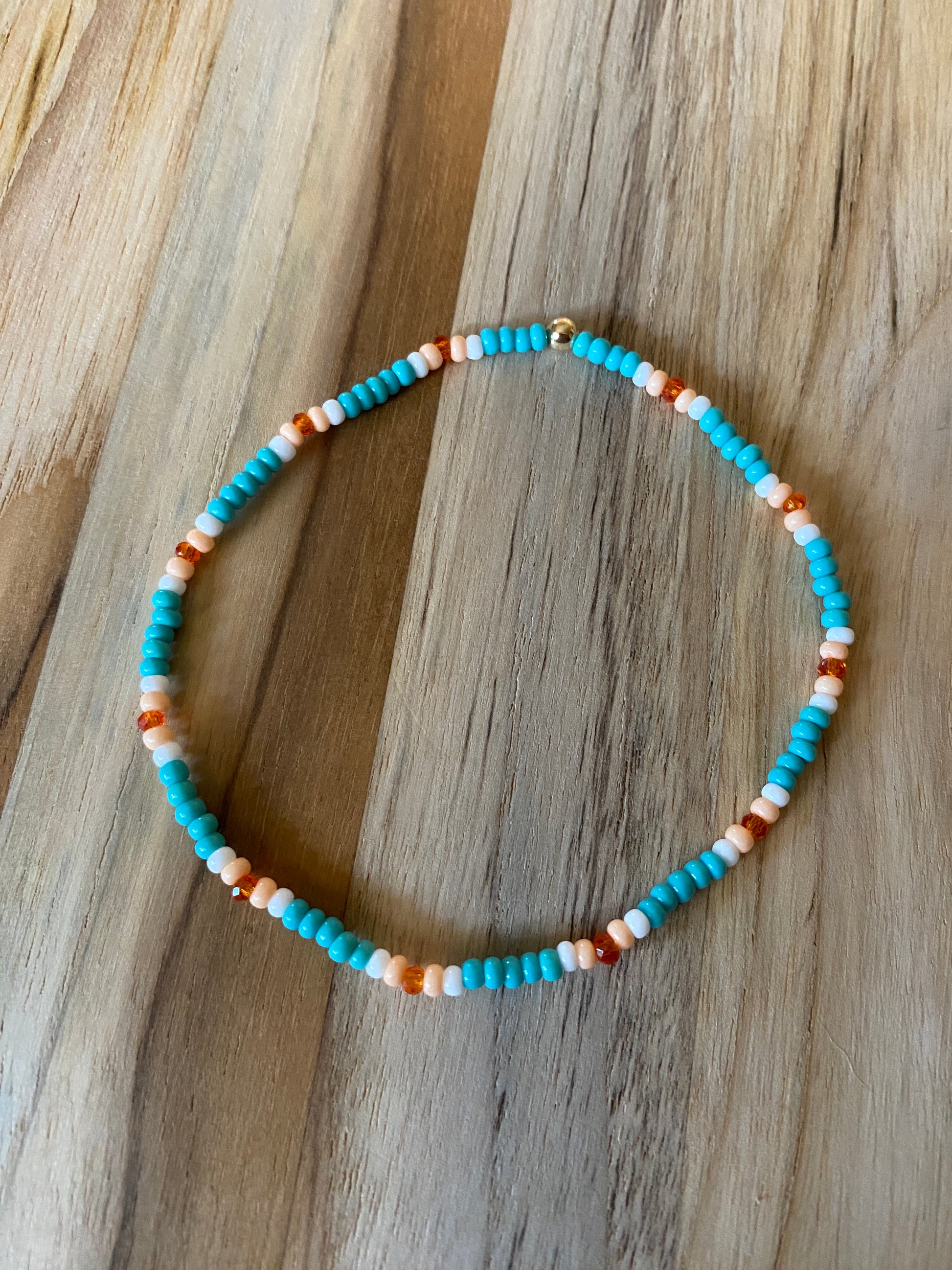 Dainty Beach Vibe Turquoise Seed Bead Ankle Bracelet Anklet with White and Orange Accents - My Urban Gems