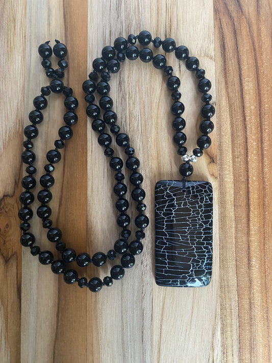 30" Long Hand knotted Black Agate Pendant Necklace with Onyx Beads