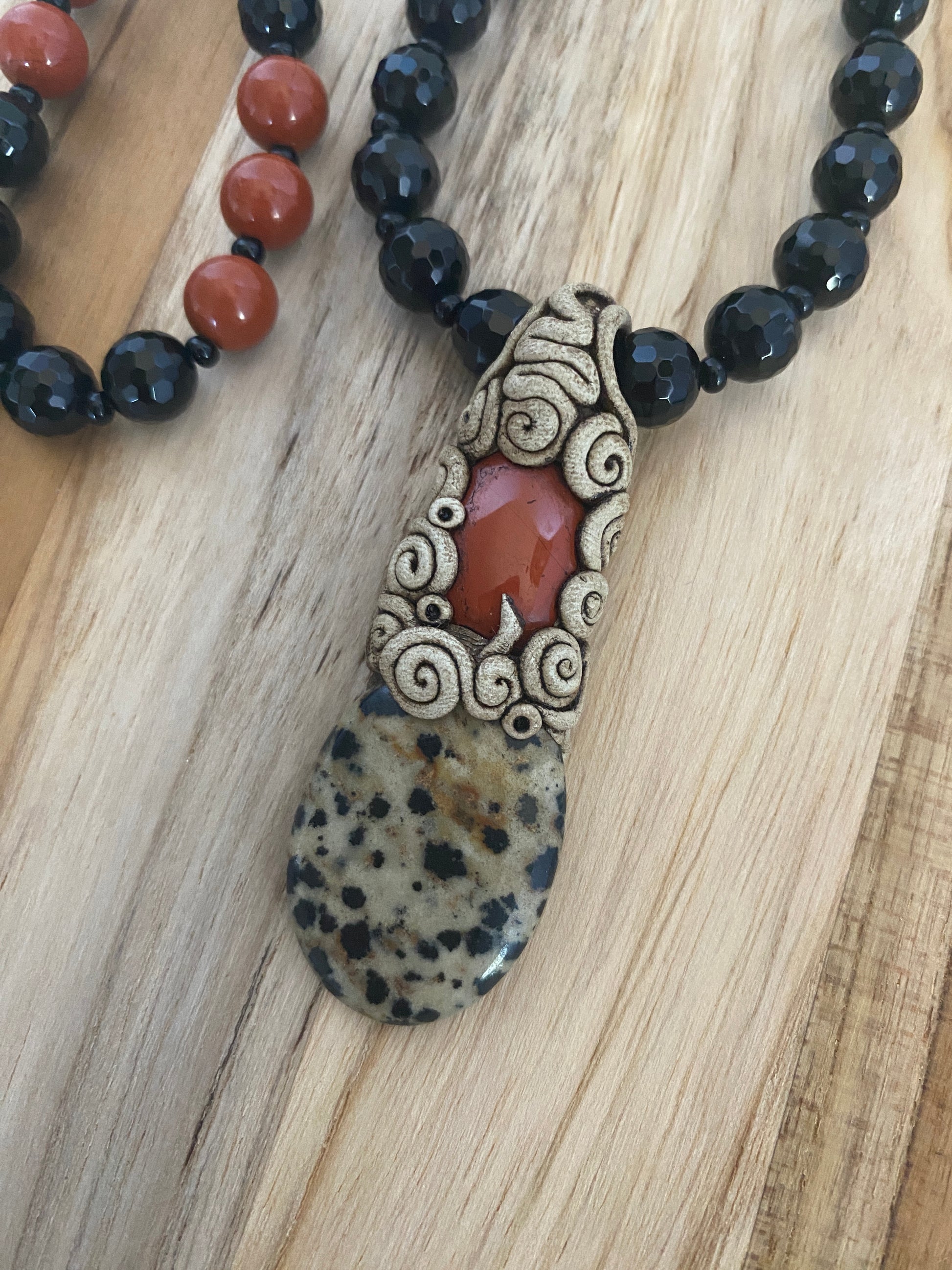28" Long Polymer Clay Pendant Necklace with Dalmatian Jasper Red Jasper & Black Onyx Beads - My Urban Gems