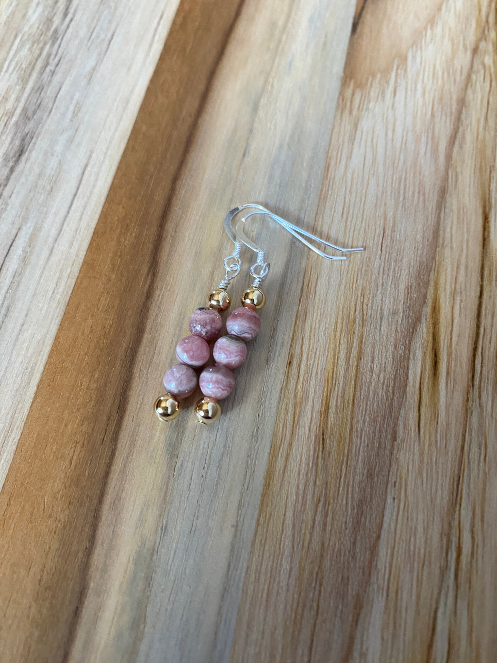 Dainty Rhodochrosite Dangle Earrings with Gold and Silver
