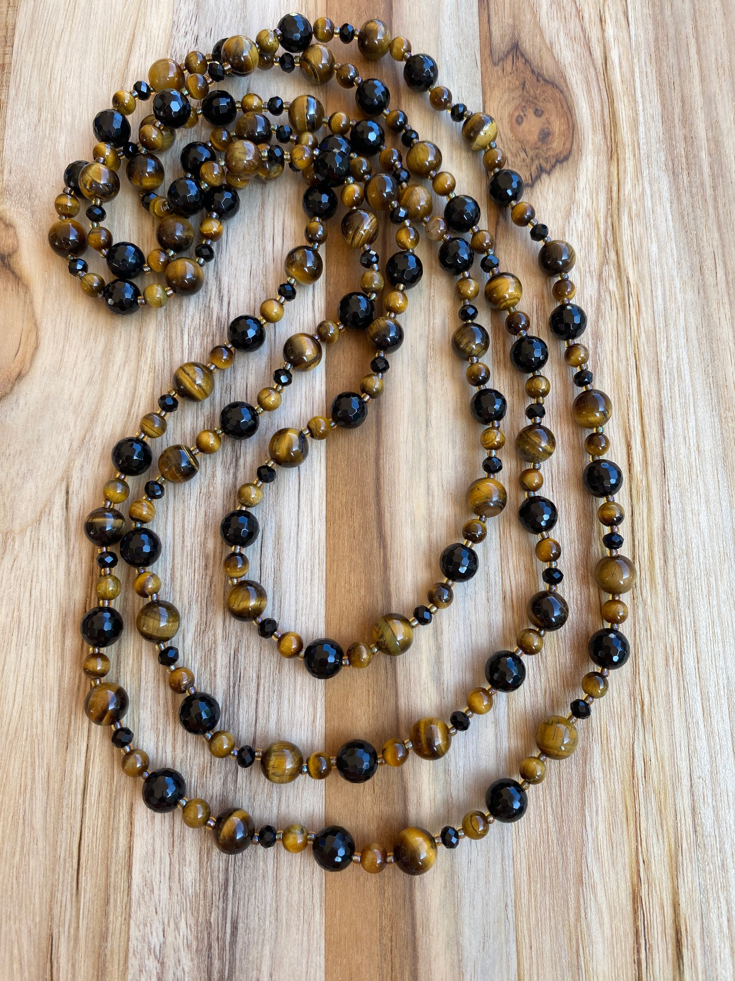 60" Extra Long Wraparound Black Onyx and Tigereye Beaded Necklace with Crystal Beads