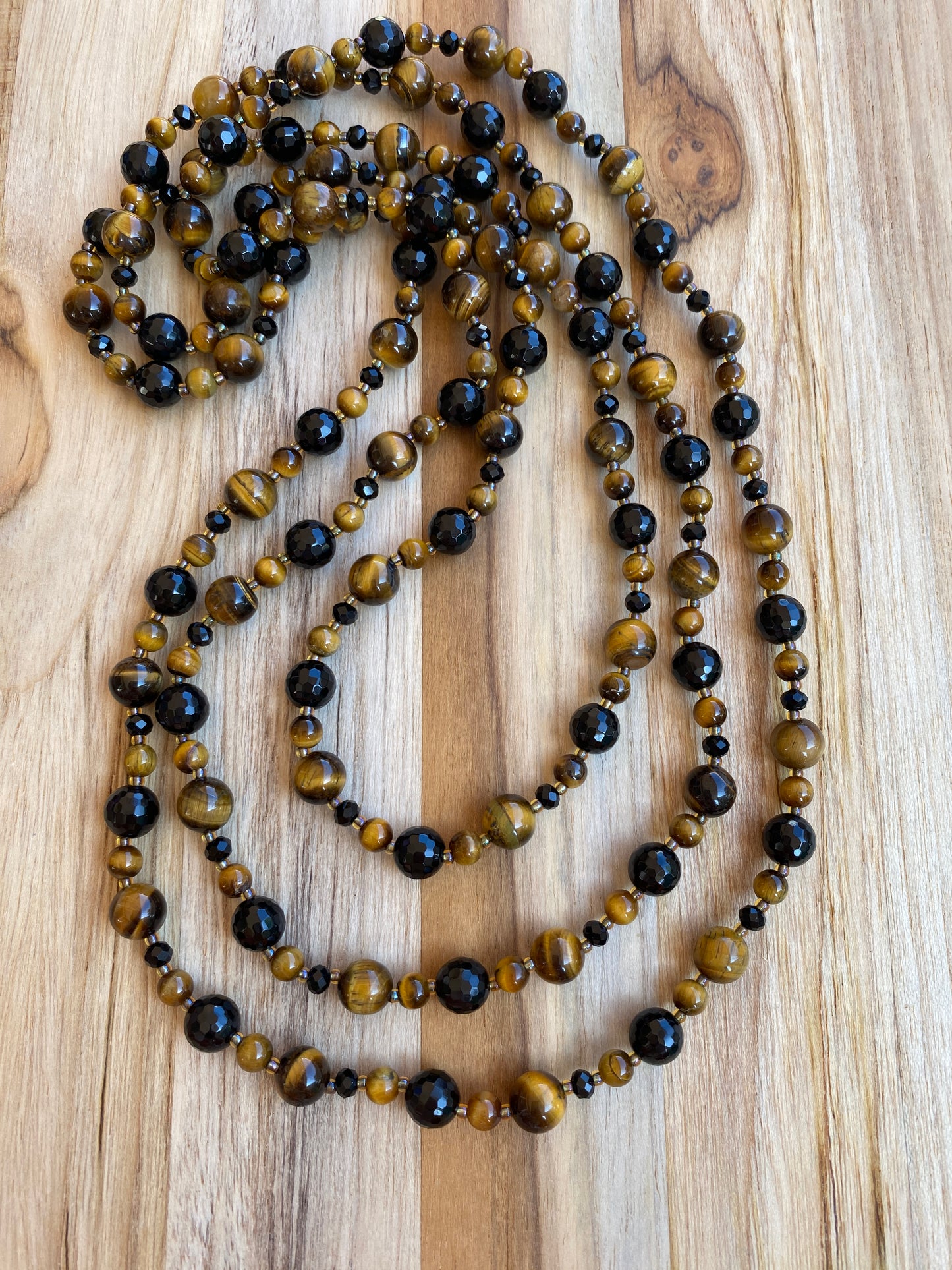 60" Extra Long Wraparound Black Onyx and Tigereye Beaded Necklace with Crystal Beads - My Urban Gems