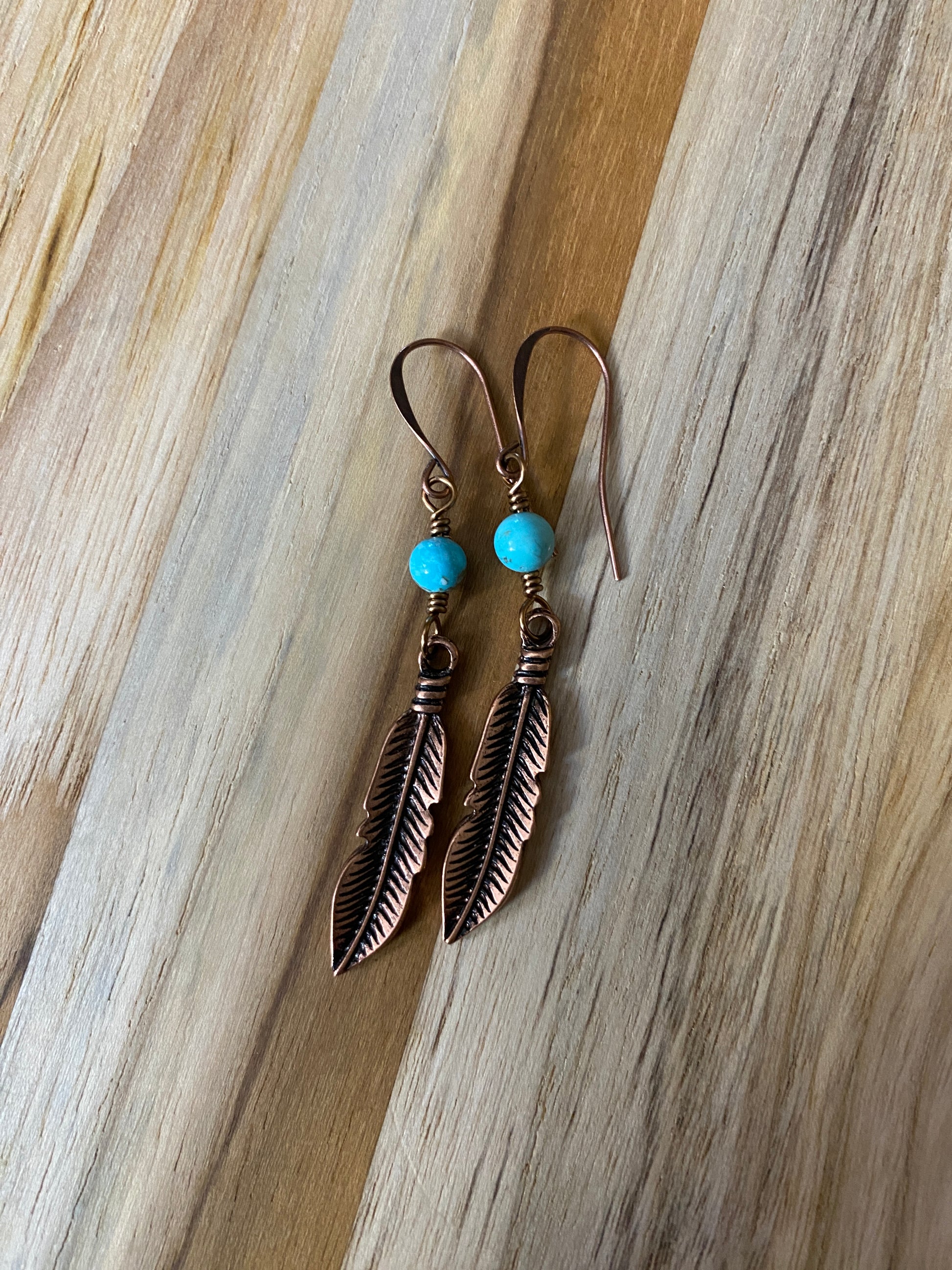 Long Copper Feather Dangle Earrings with Turquoise Bead - My Urban Gems