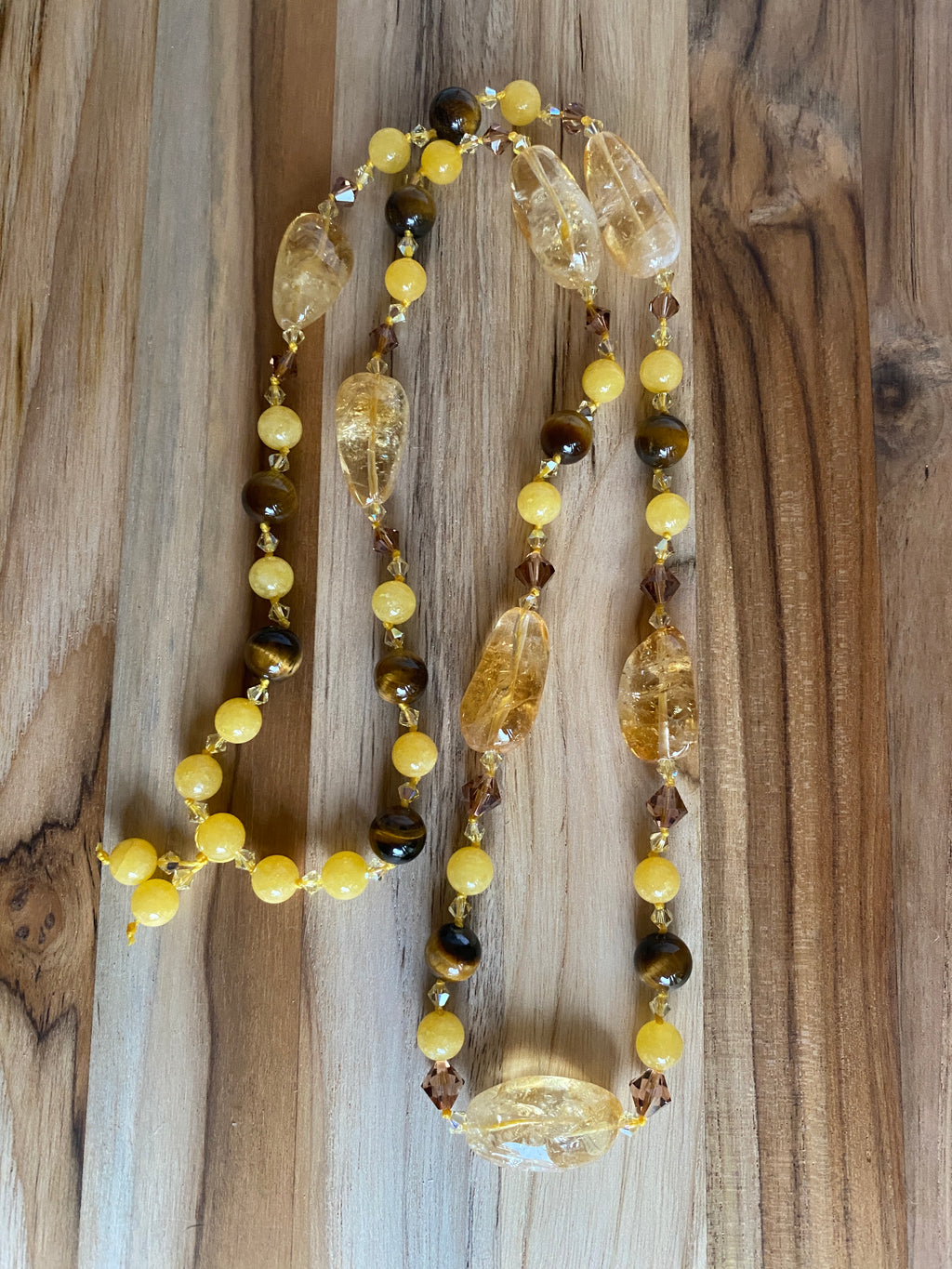 32" Long Citrine, Yellow Jade & Tiger Eye Beaded Necklace