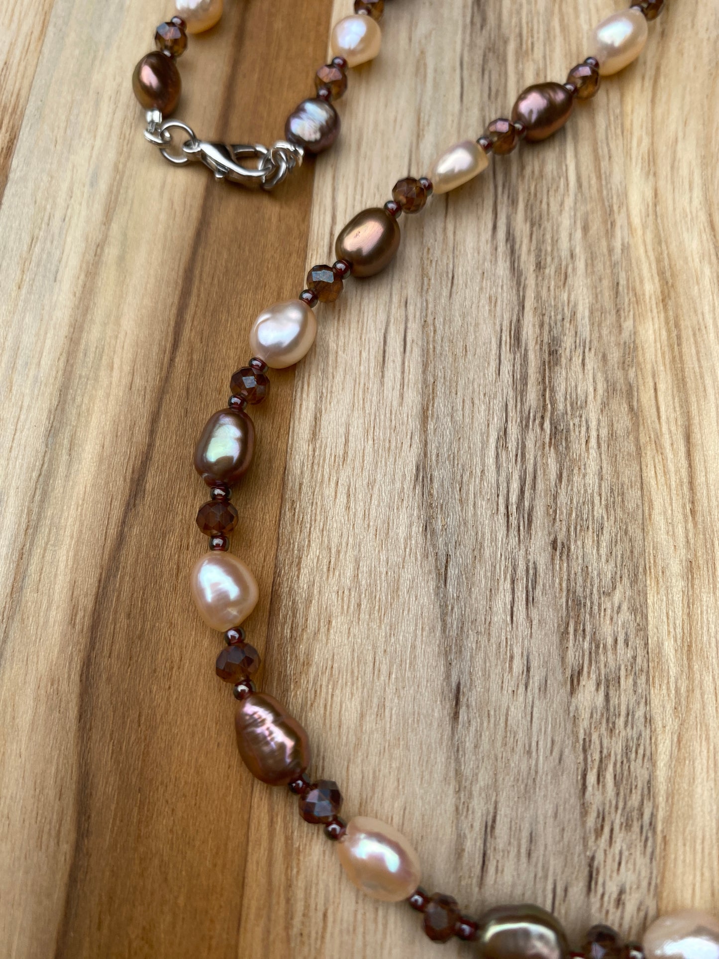 Dainty Brown and Cream Freshwater Pearl Beaded Necklace with Crystal Beads