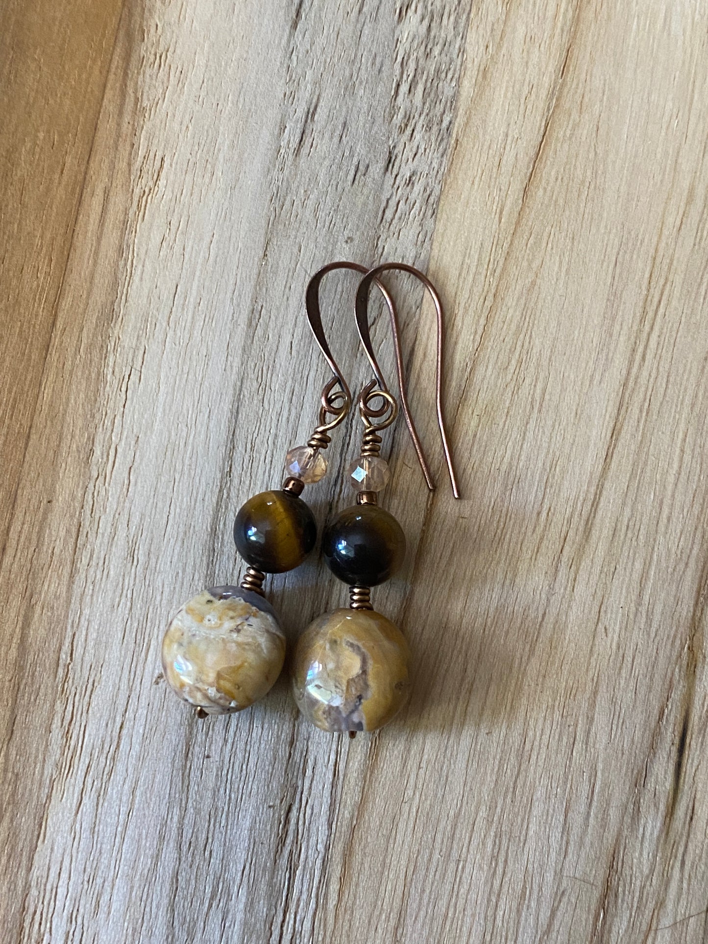 Tiger Eye and Agate Copper Fishhook Dangle Earrings - My Urban Gems