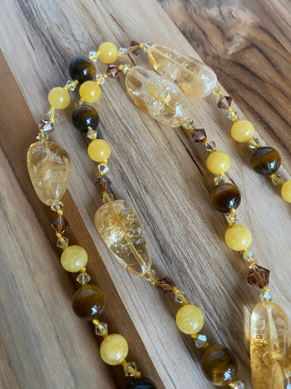 32" Long Citrine, Yellow Jade & Tiger Eye Beaded Necklace