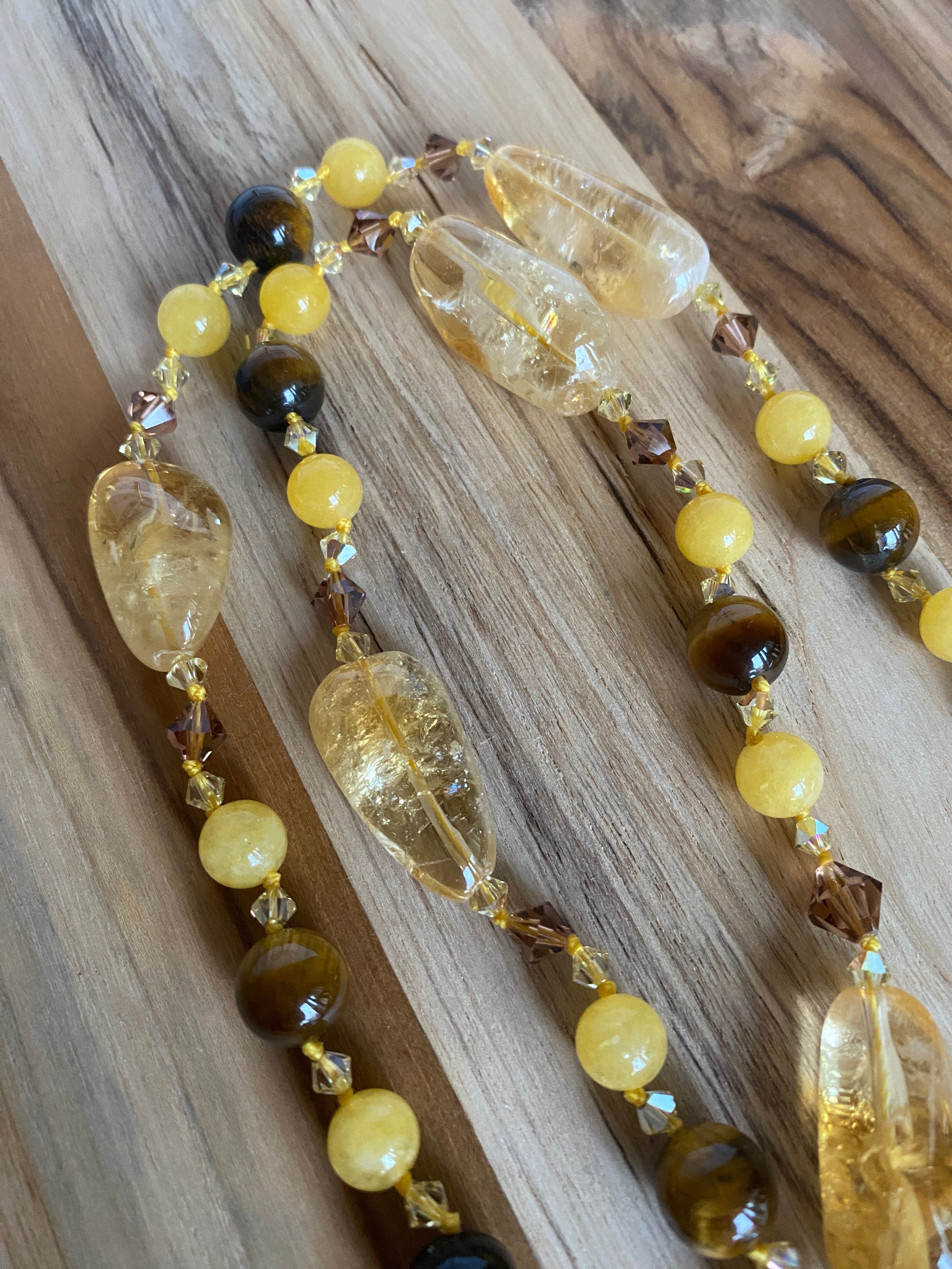 32" Long Citrine, Yellow Jade & Tiger Eye Beaded Necklace