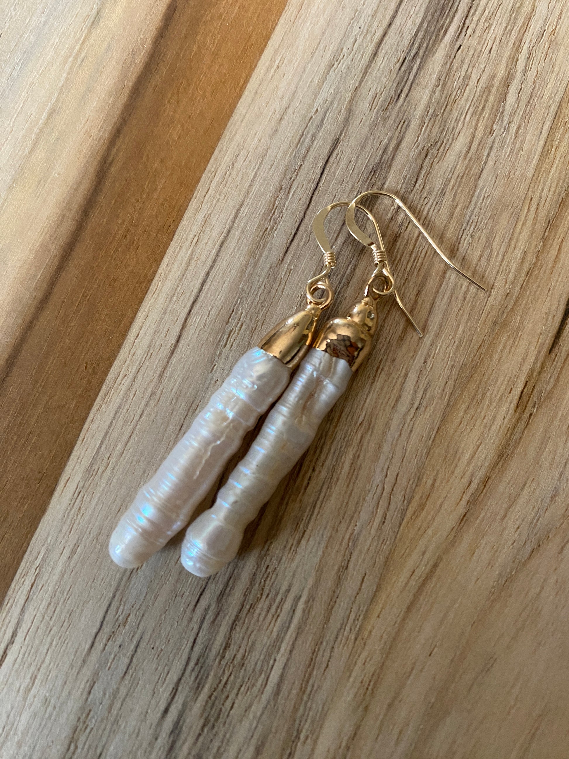 Long White Stick Pearl Dangle Earrings with Gold Filled Ear Wire - My Urban Gems