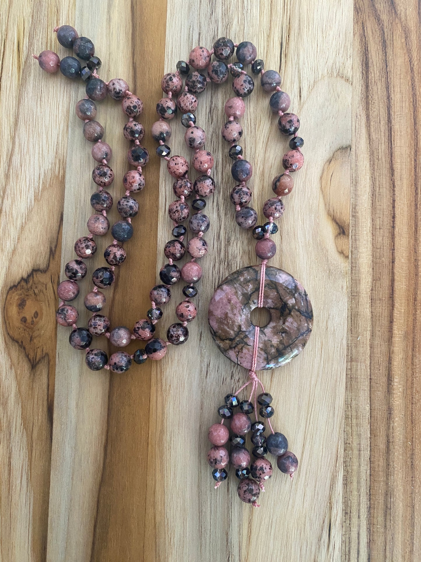 28" Long Pink and Black Rhodonite Donut Necklace with Faceted Rhodonite and Crystal Beads - My Urban Gems