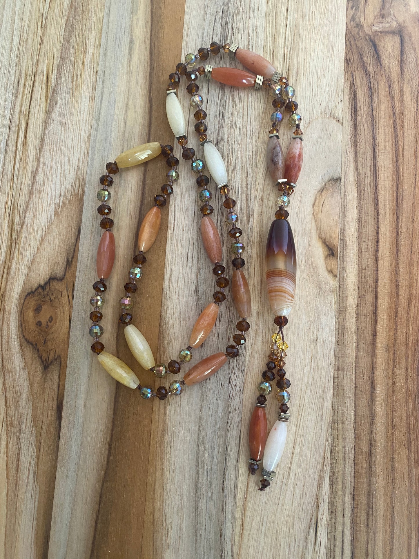 29" Long Agate Column Bead Dangle Necklace with Agate & Crystal Beads