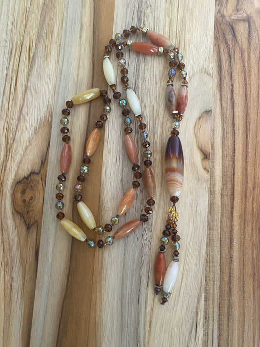 29" Long Agate Column Bead Dangle Necklace with Agate & Crystal Beads