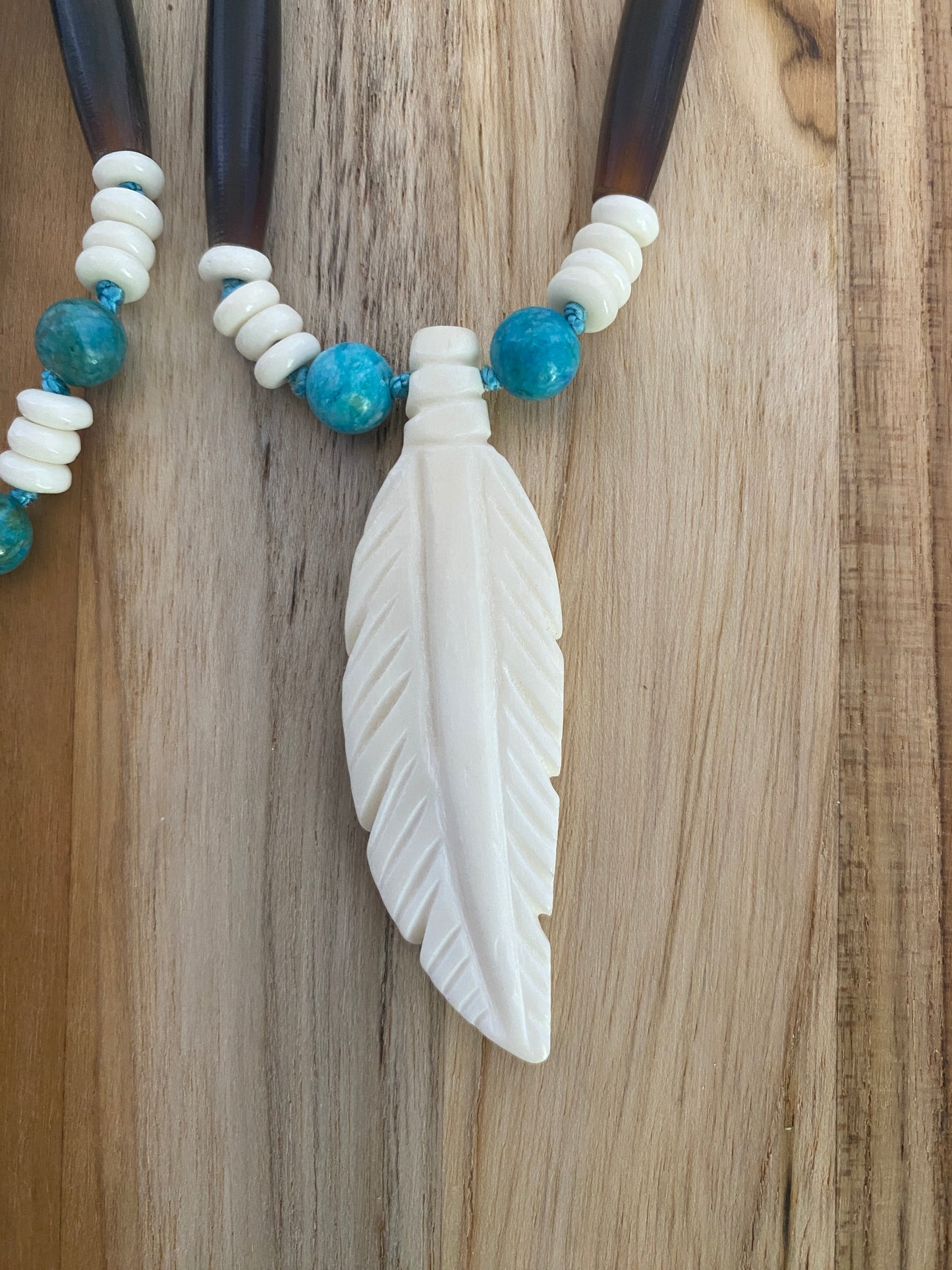 28" Long Feather Necklace with Brown & Turquoise Beads