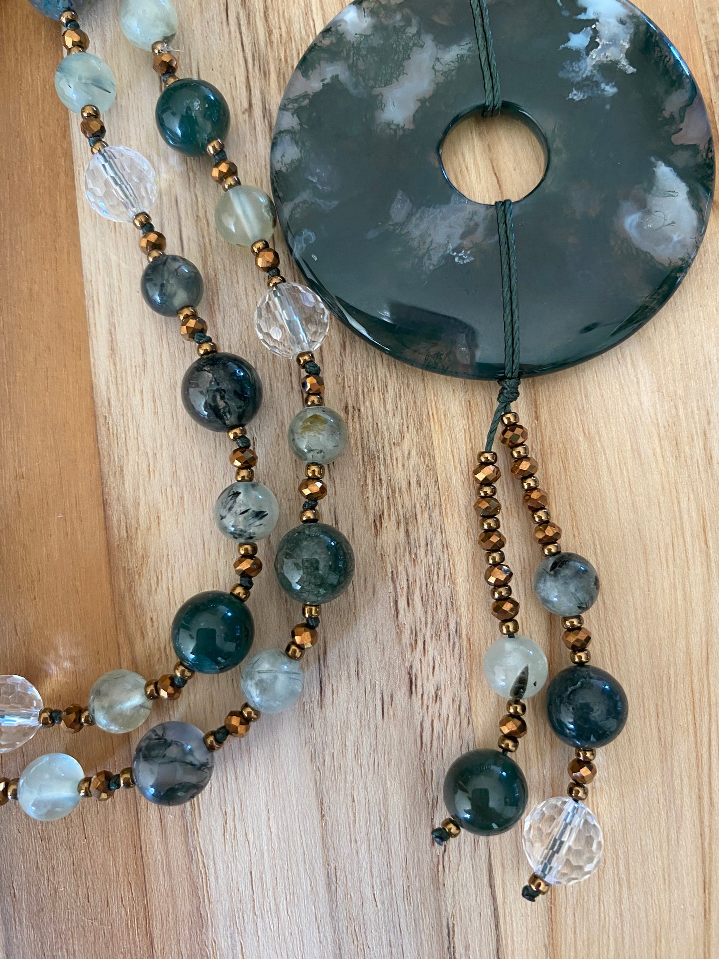 Green Moss Agate Donut Pendant Necklace with Moss Agate Prehnite and Clear Quartz Beads