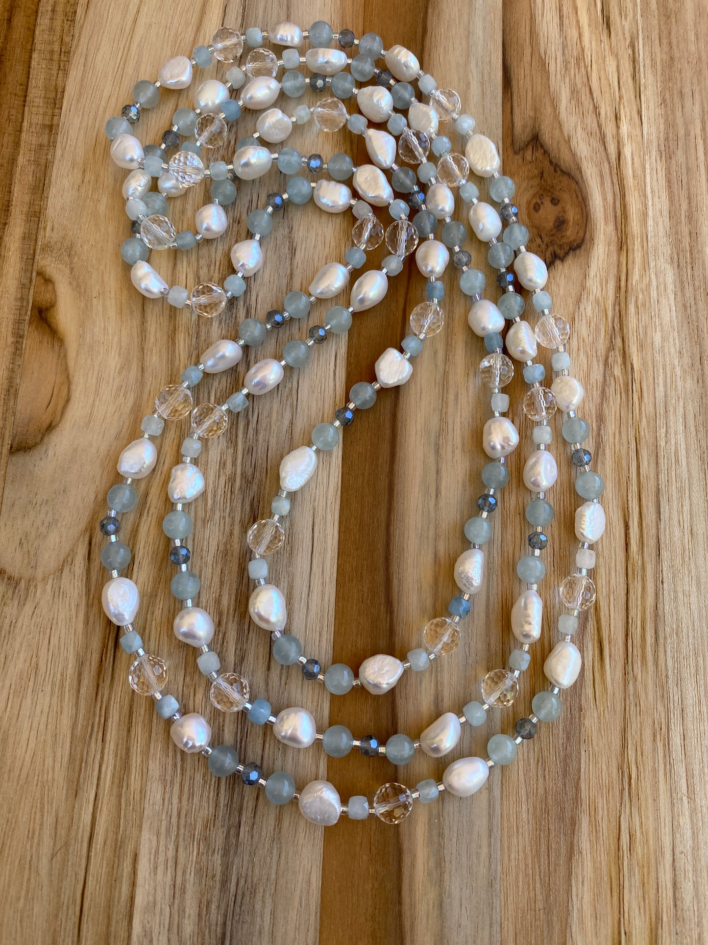 60" Extra Long Wraparound Style Necklace with Clear Quartz Aquamarine and White Baroque Pearls - My Urban Gems