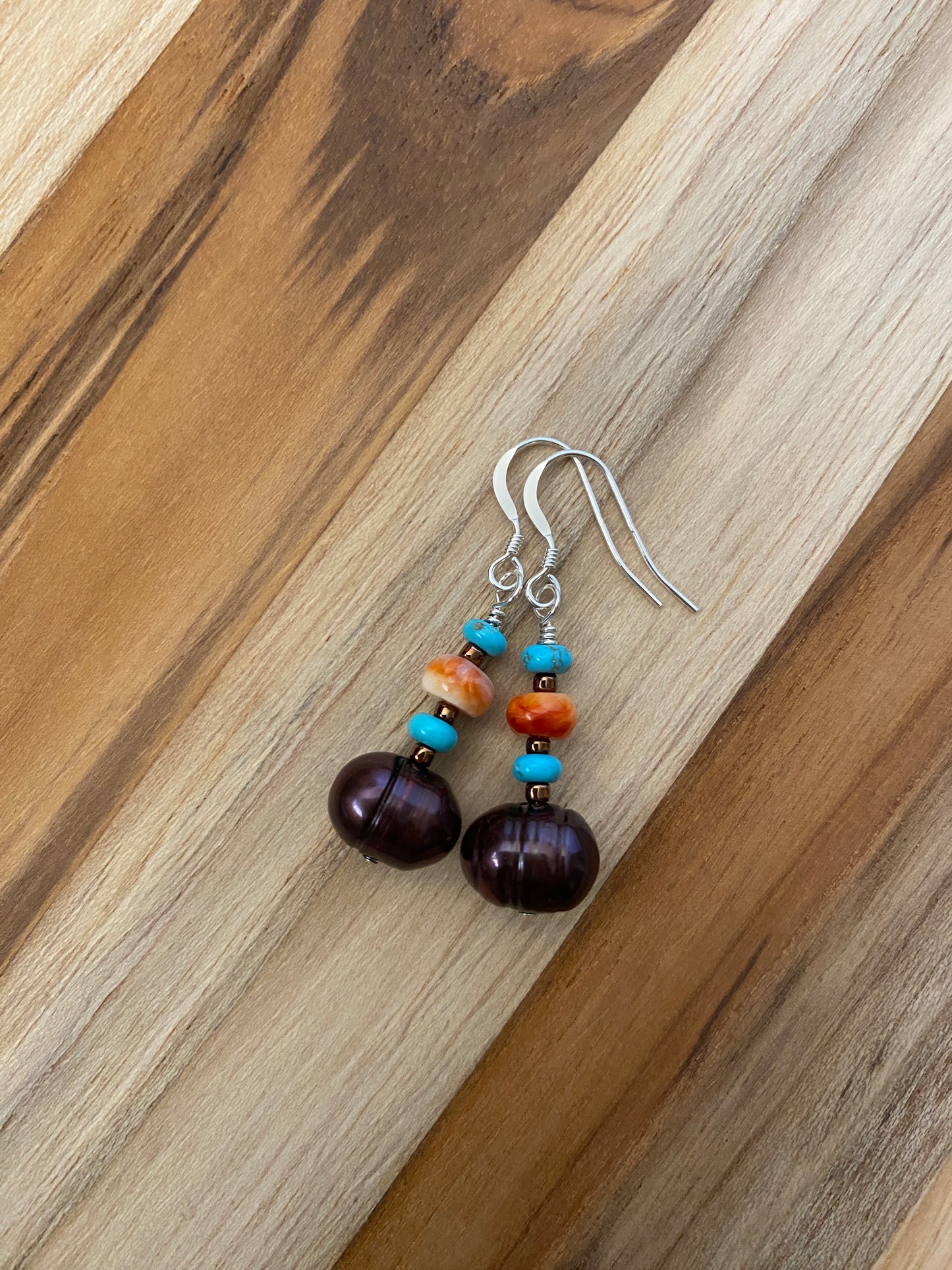 Chocolate Freshwater Pearl Dangle Earrings with Spiny Oyster and Natural Turquoise