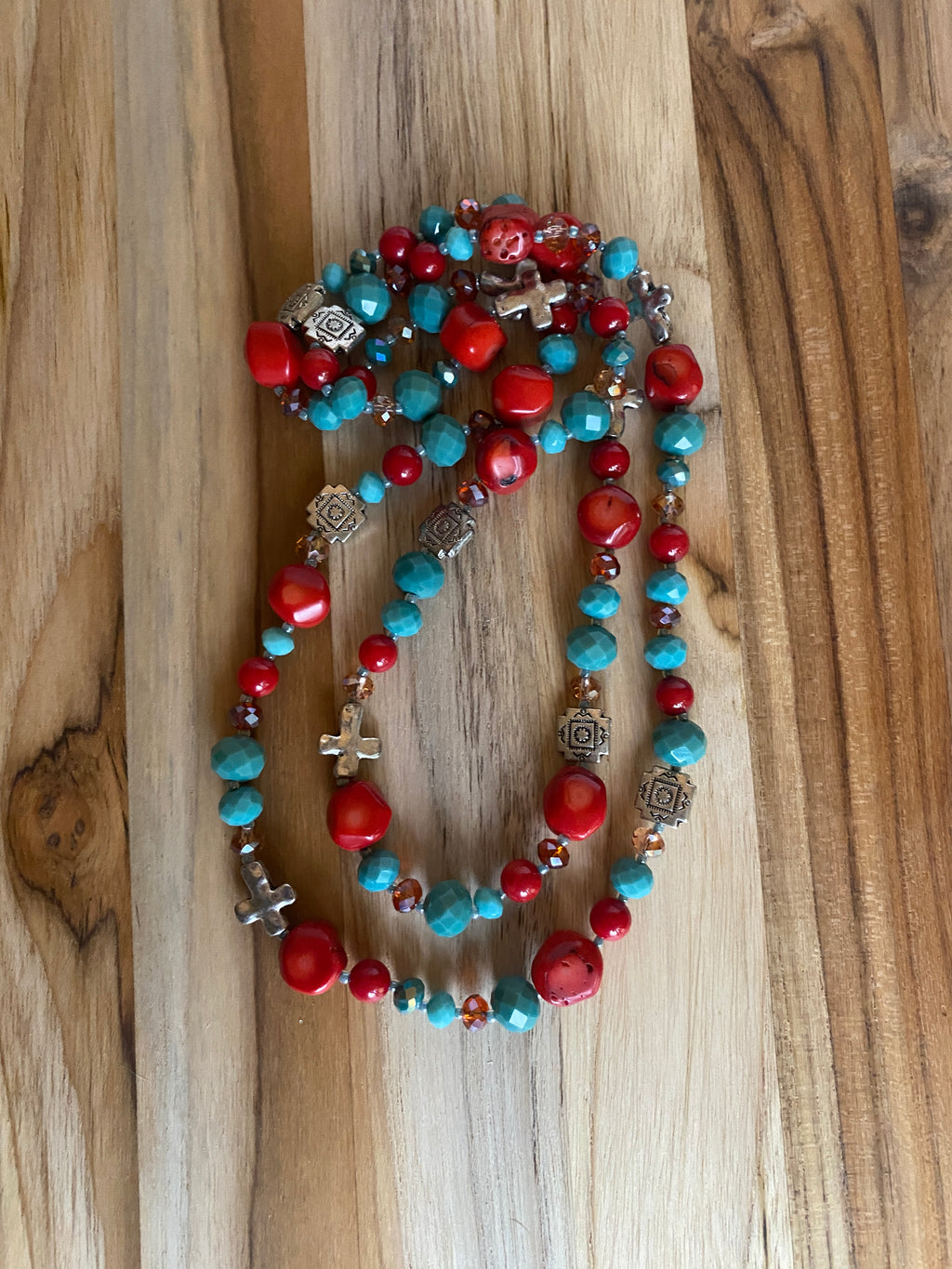 35" Southwestern Coral, Turquoise & Silver Necklace - My Urban Gems