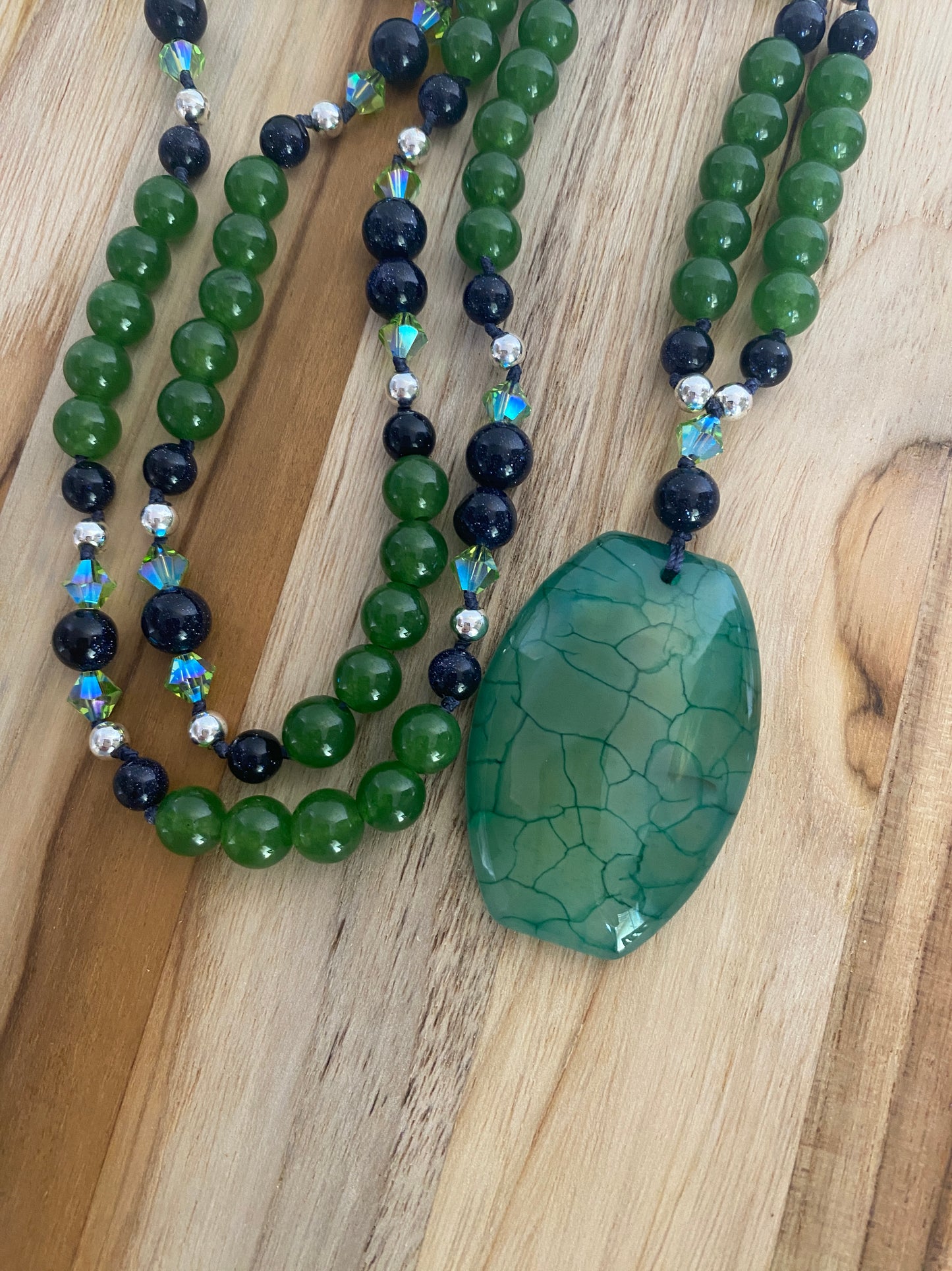 30" Green Agate Beaded Pendant Necklace with Blue Sandstone, Green Jade & Crystals - My Urban Gems