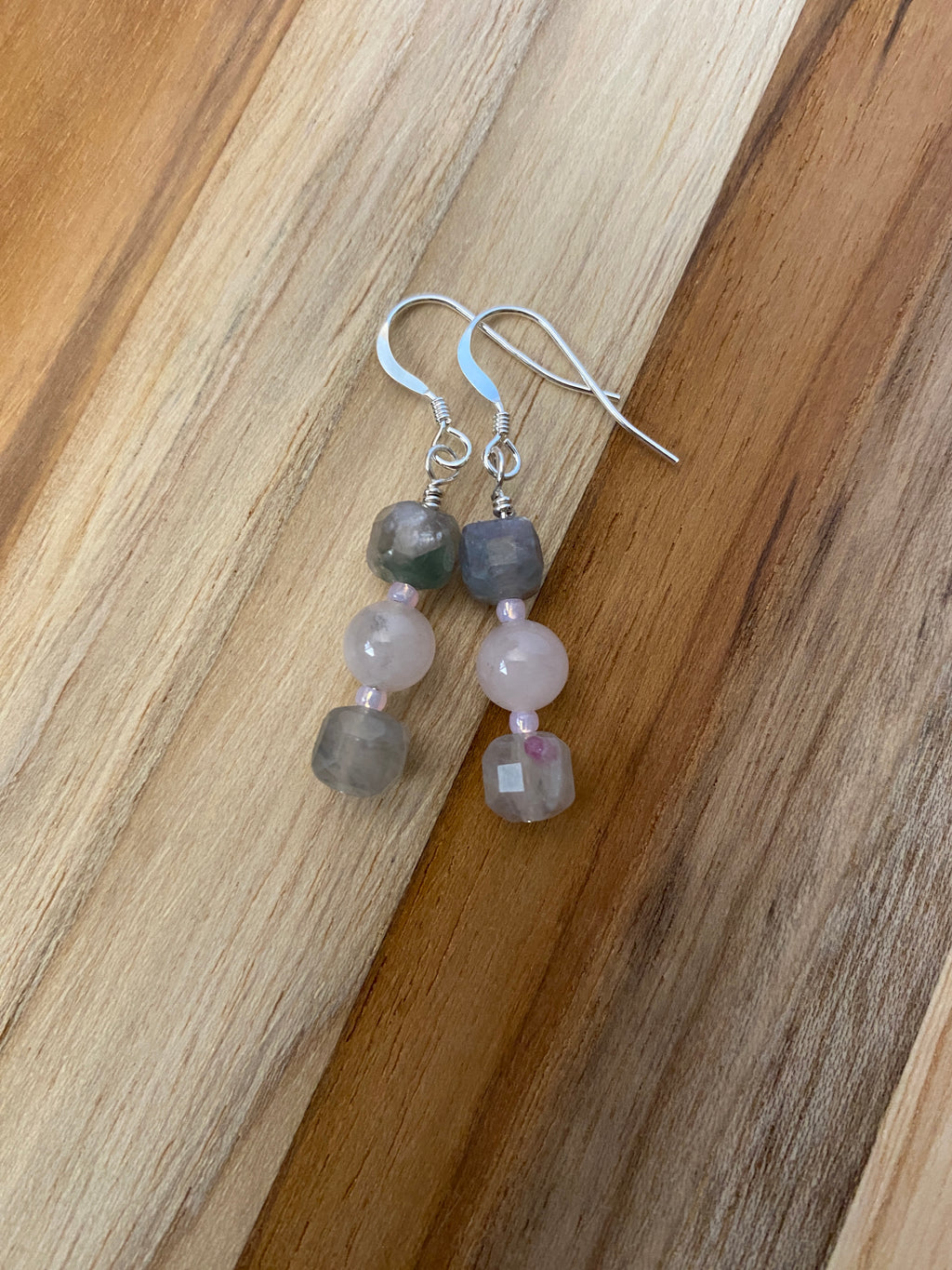 Pink Tourmaline Lepidolite and Rose Quartz Dangle Earrings