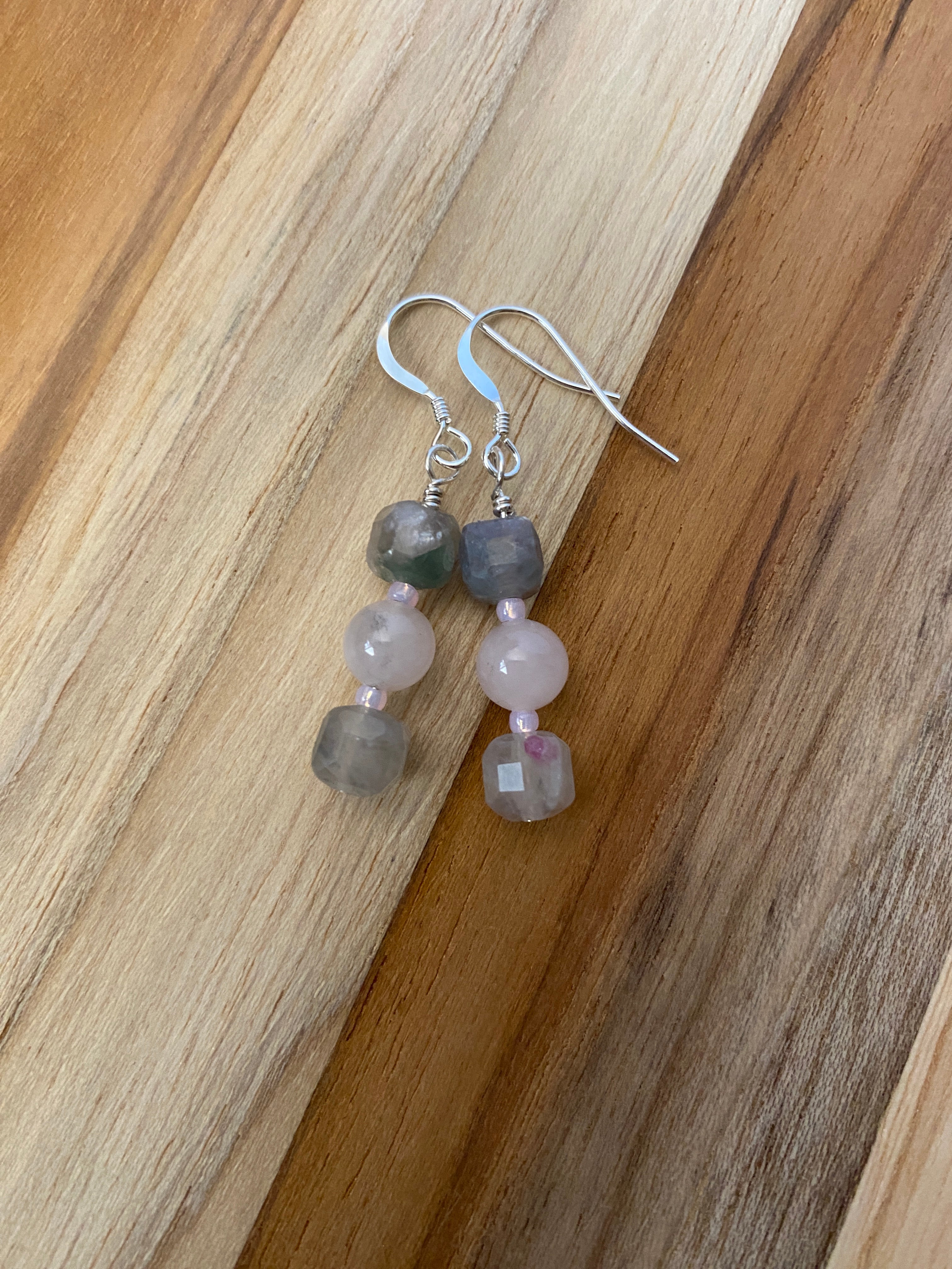 Pink Tourmaline Lepidolite and Rose Quartz Dangle Earrings