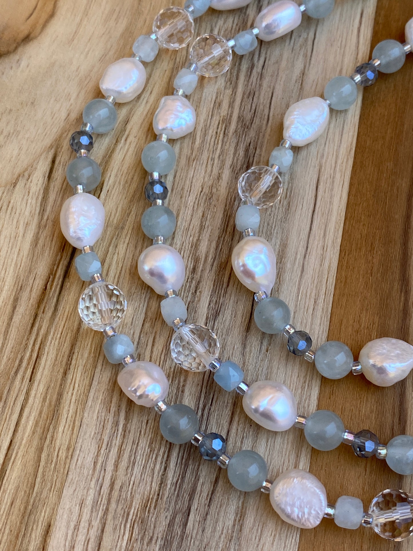 Extra Long Wraparound Style Necklace with Clear Quartz Aquamarine and White Baroque Pearls