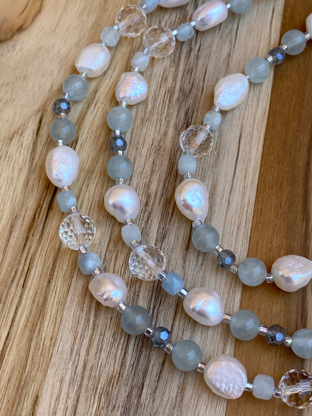 60" Extra Long Wraparound Style Necklace with Clear Quartz Aquamarine and White Baroque Pearls - My Urban Gems