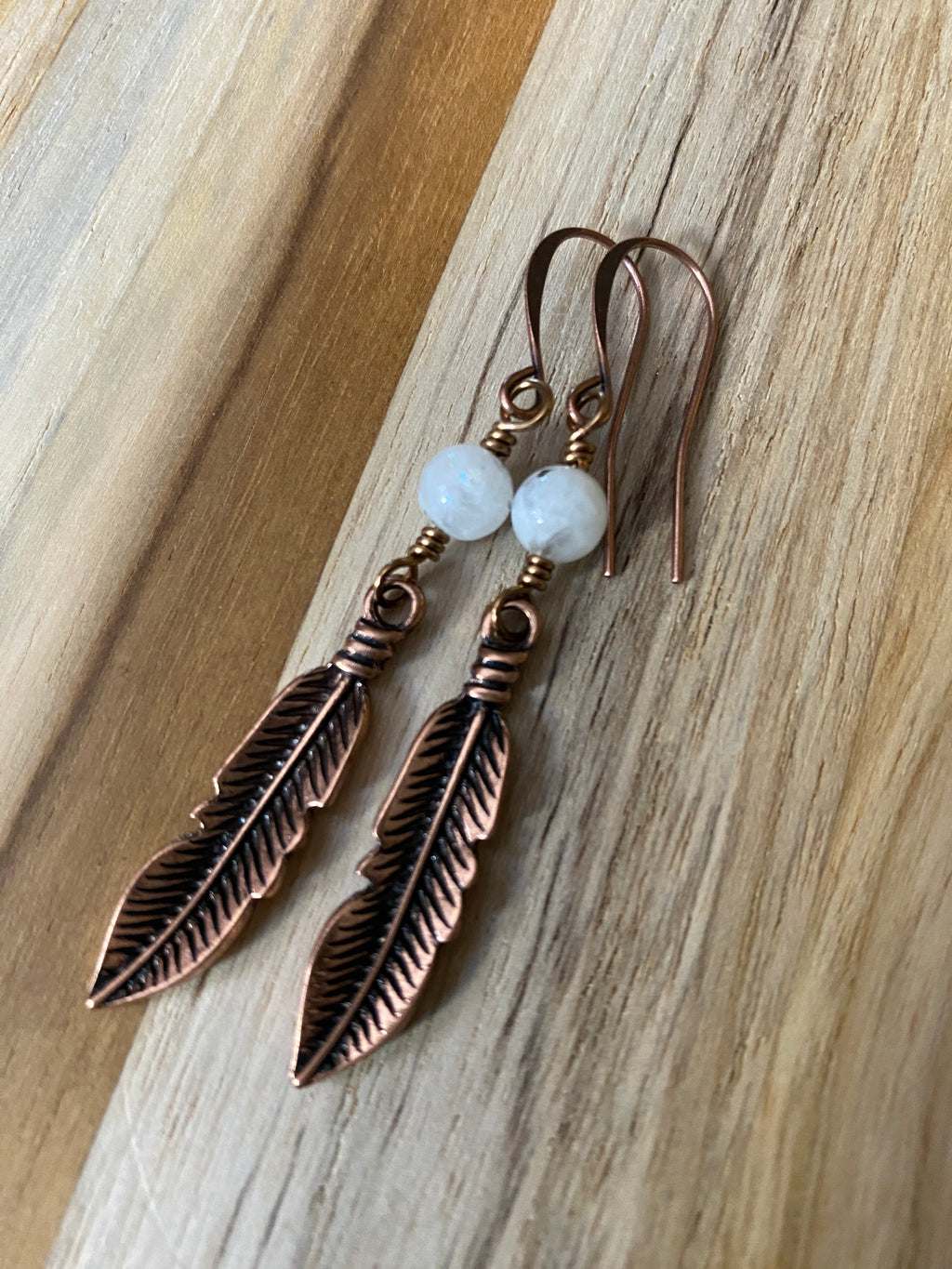Long Copper Feather Boho Dangle Earrings with Moonstone