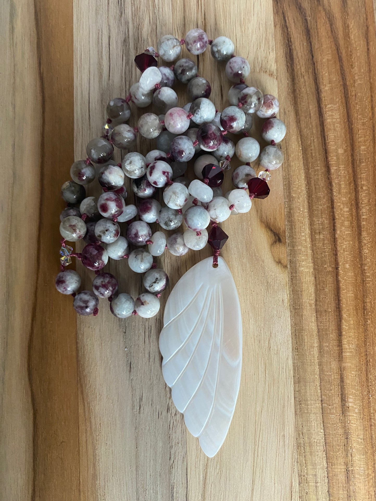 30" Long Mother of Pearl Wing Pendant Necklace with Tourmaline, Moonstone & Crystal Beads