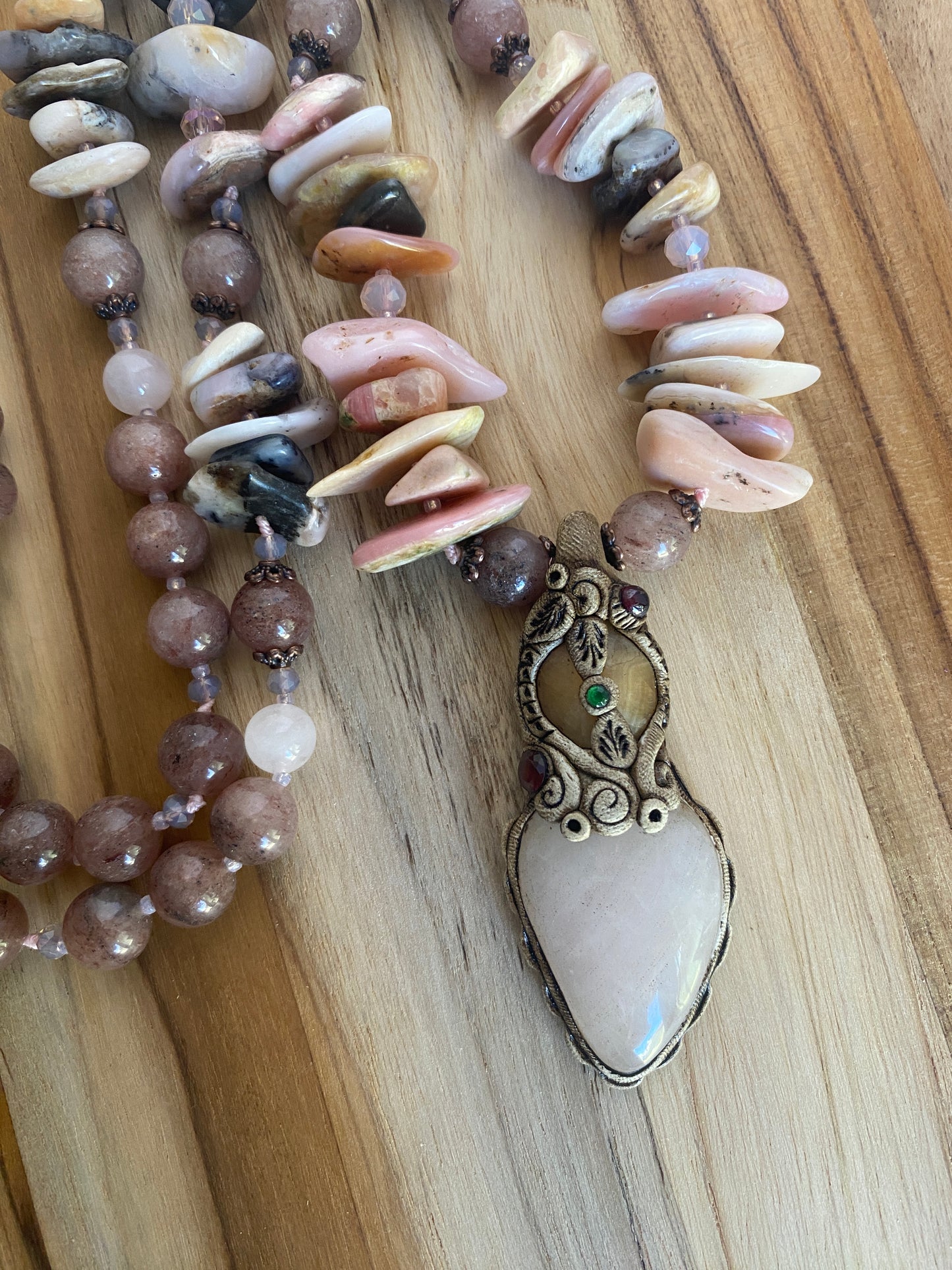 30" Long Rose Quartz & Clay Pendant Necklace with Quartz & Pink Opal Beads - My Urban Gems