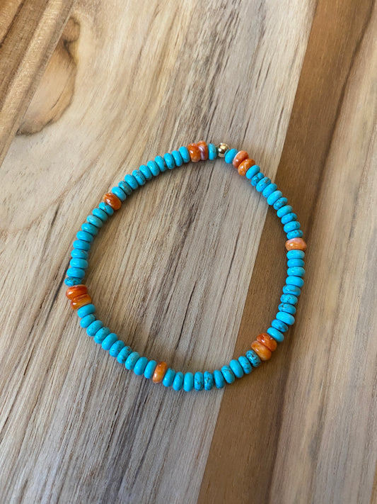 Dainty Blue Natural Turquoise and Orange Spiny Oyster Stretch Bracelet